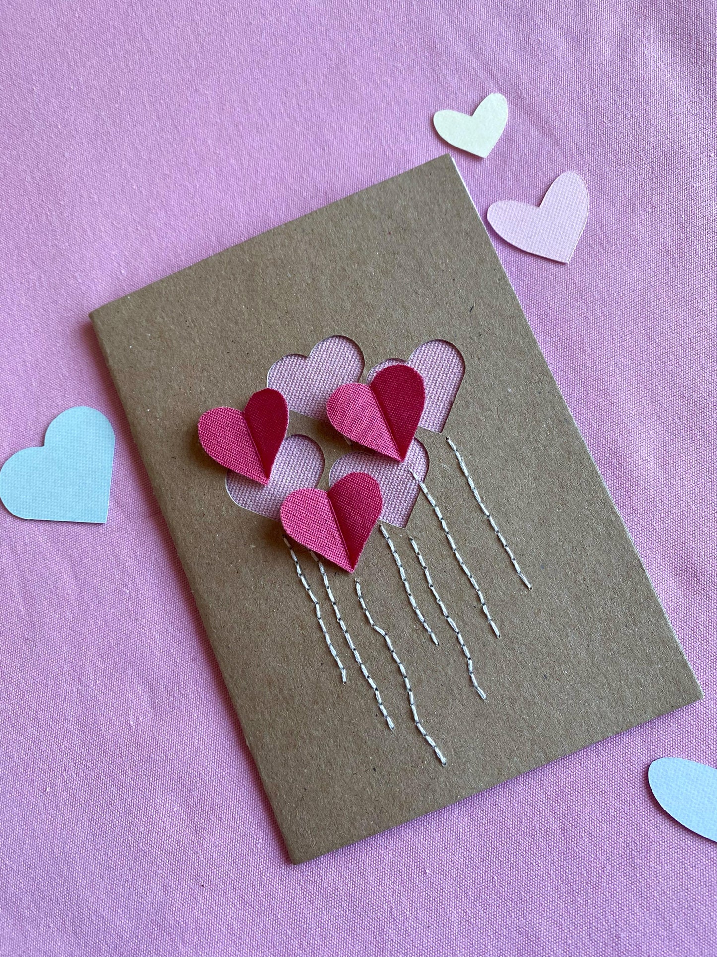 Hand Embroidered Card - Heart Balloons - Brown