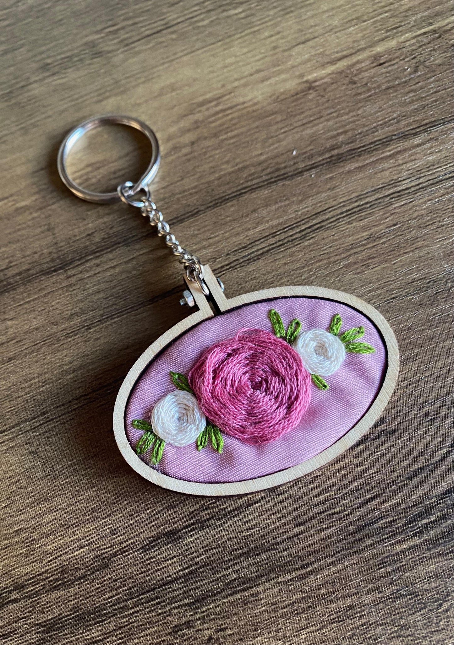 Hand Embroidered Keyring - Pink & White Roses