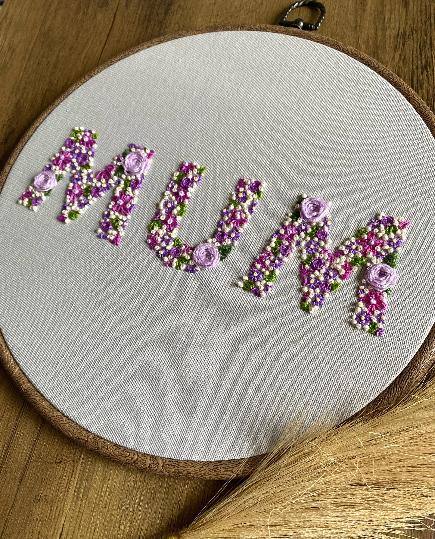 'Mum' Floral Hand Embroidered Wall Hanging