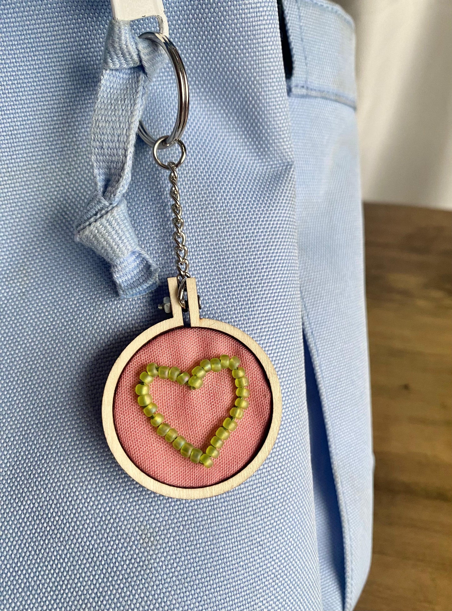 Hand Embroidered Keyring - Matte Green Heart