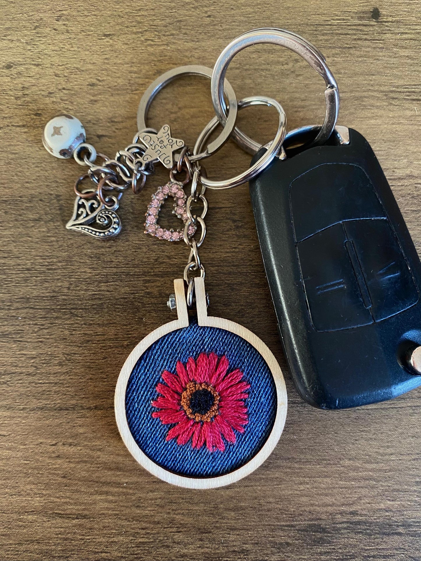 Hand Embroidered Keyring - Pink Flower
