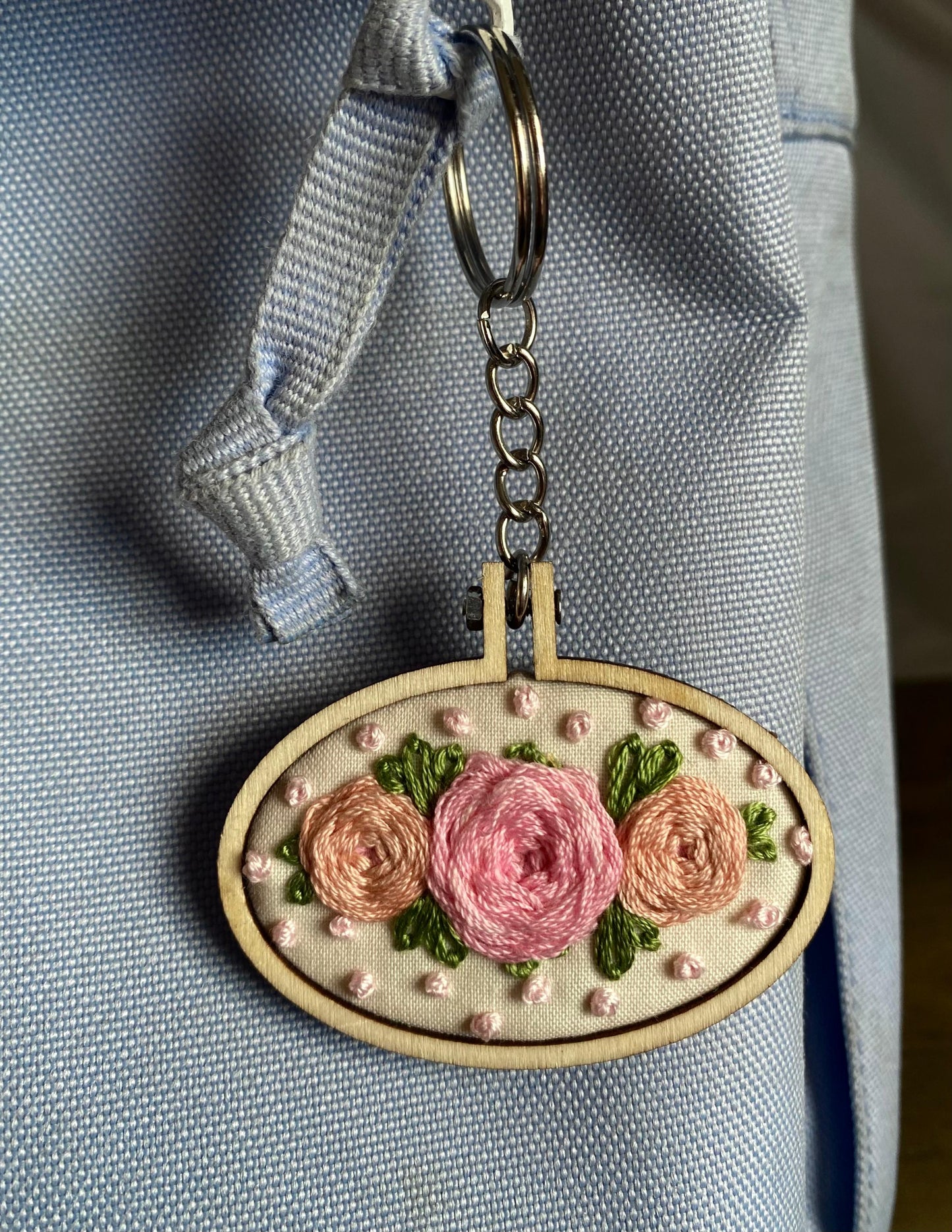 Hand Embroidered Keyring - Pink & Peach Roses