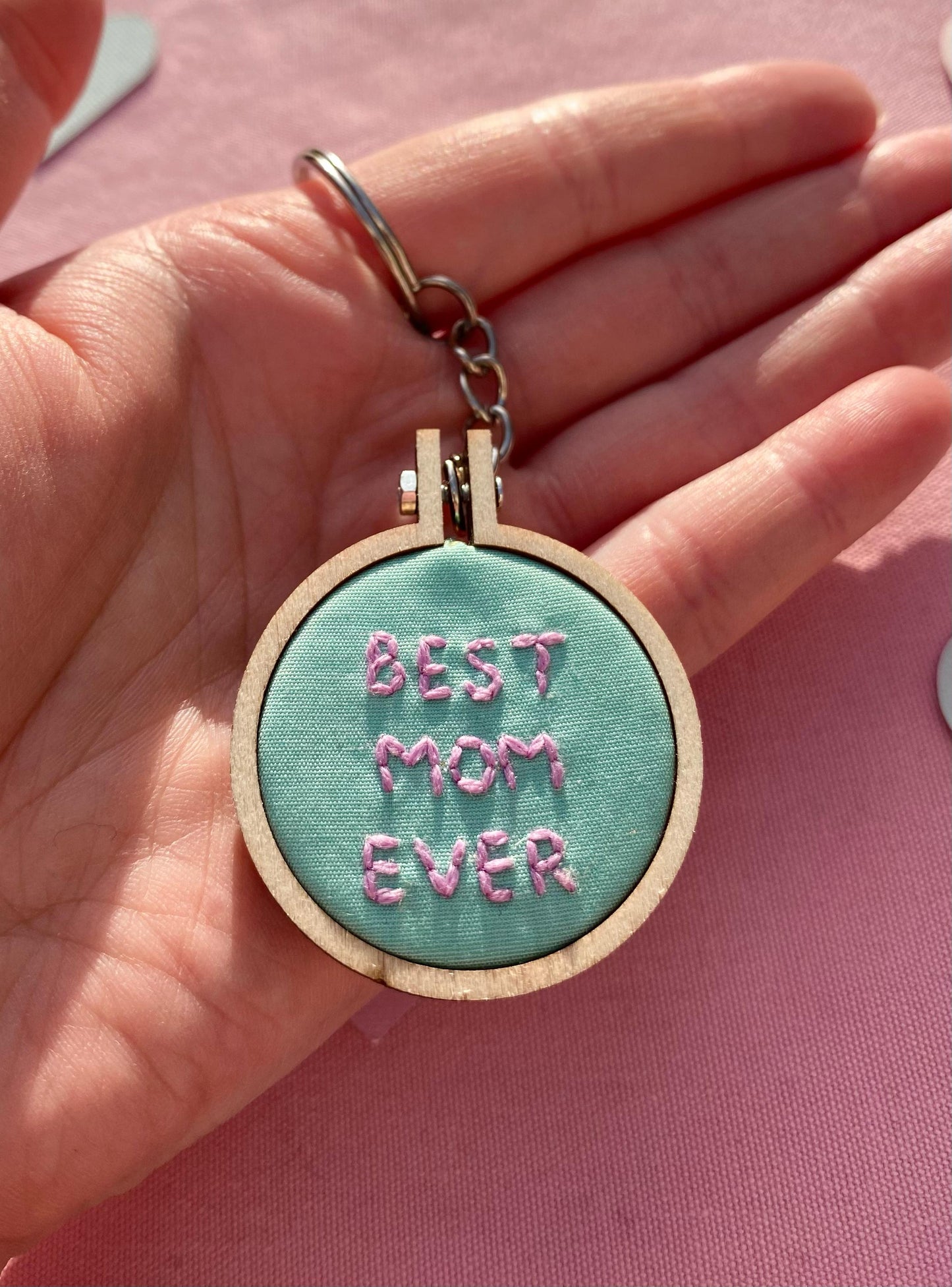 'Best Mom Ever' Hand Embroidered Keyring