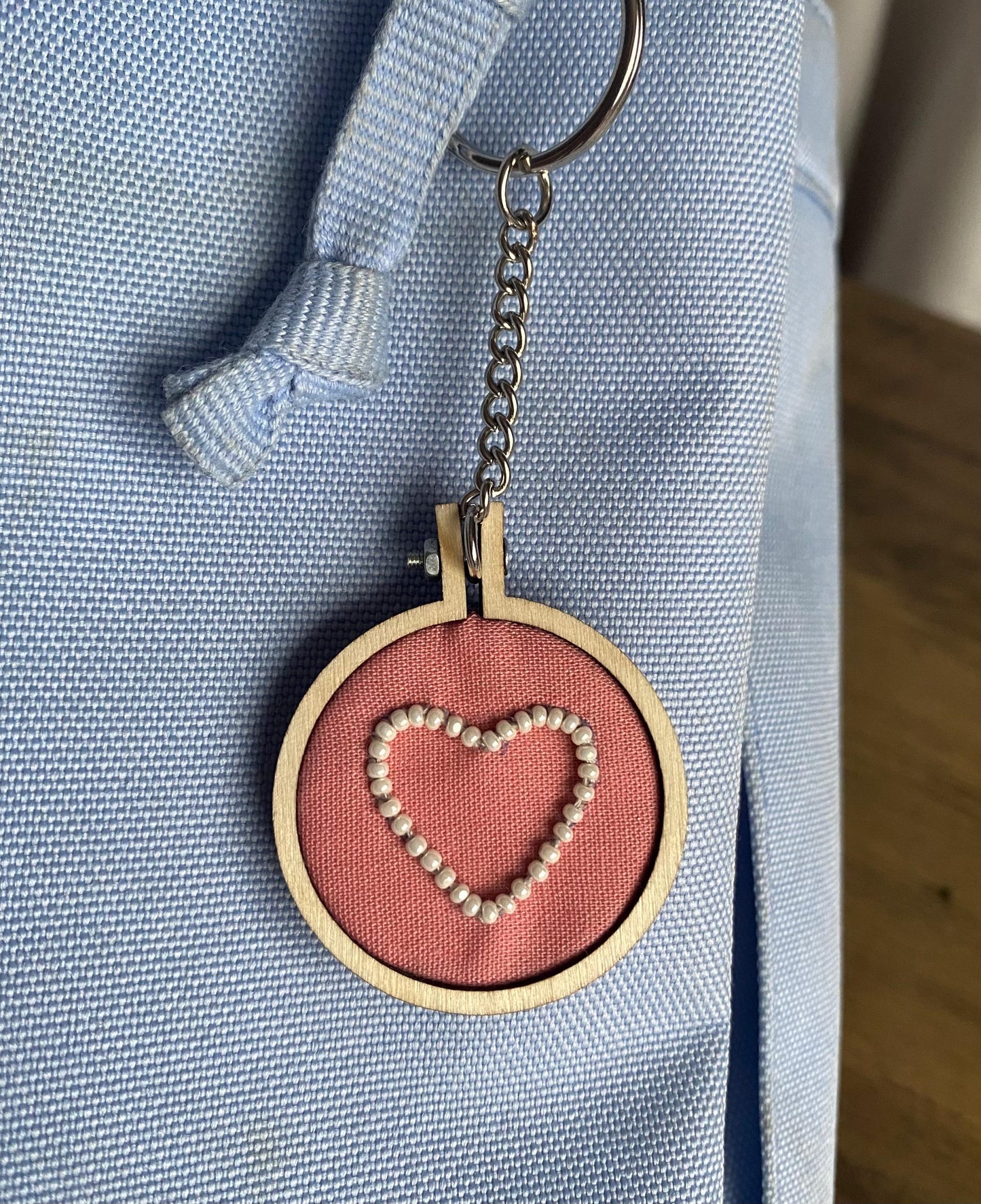 Hand Embroidered Keyring - White Heart