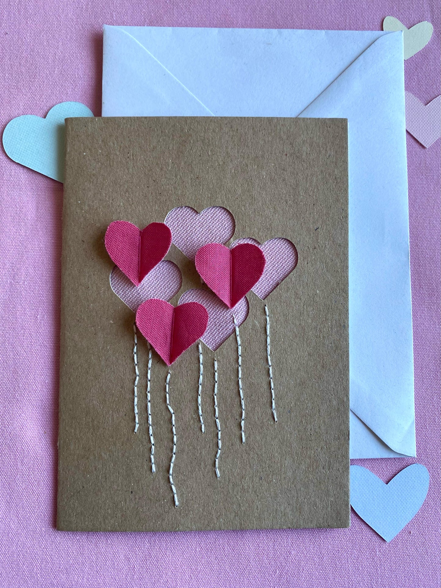 Hand Embroidered Card - Heart Balloons - Brown