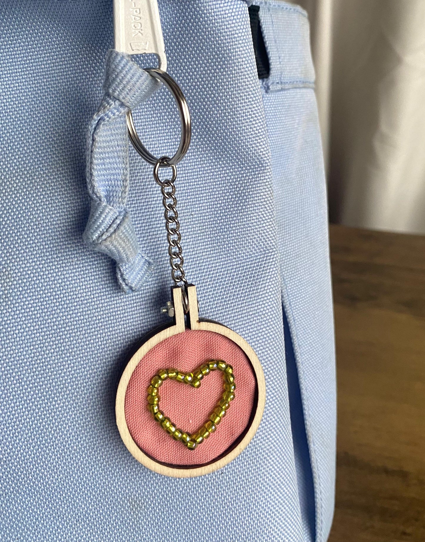 Hand Embroidered Keyring - Green Heart