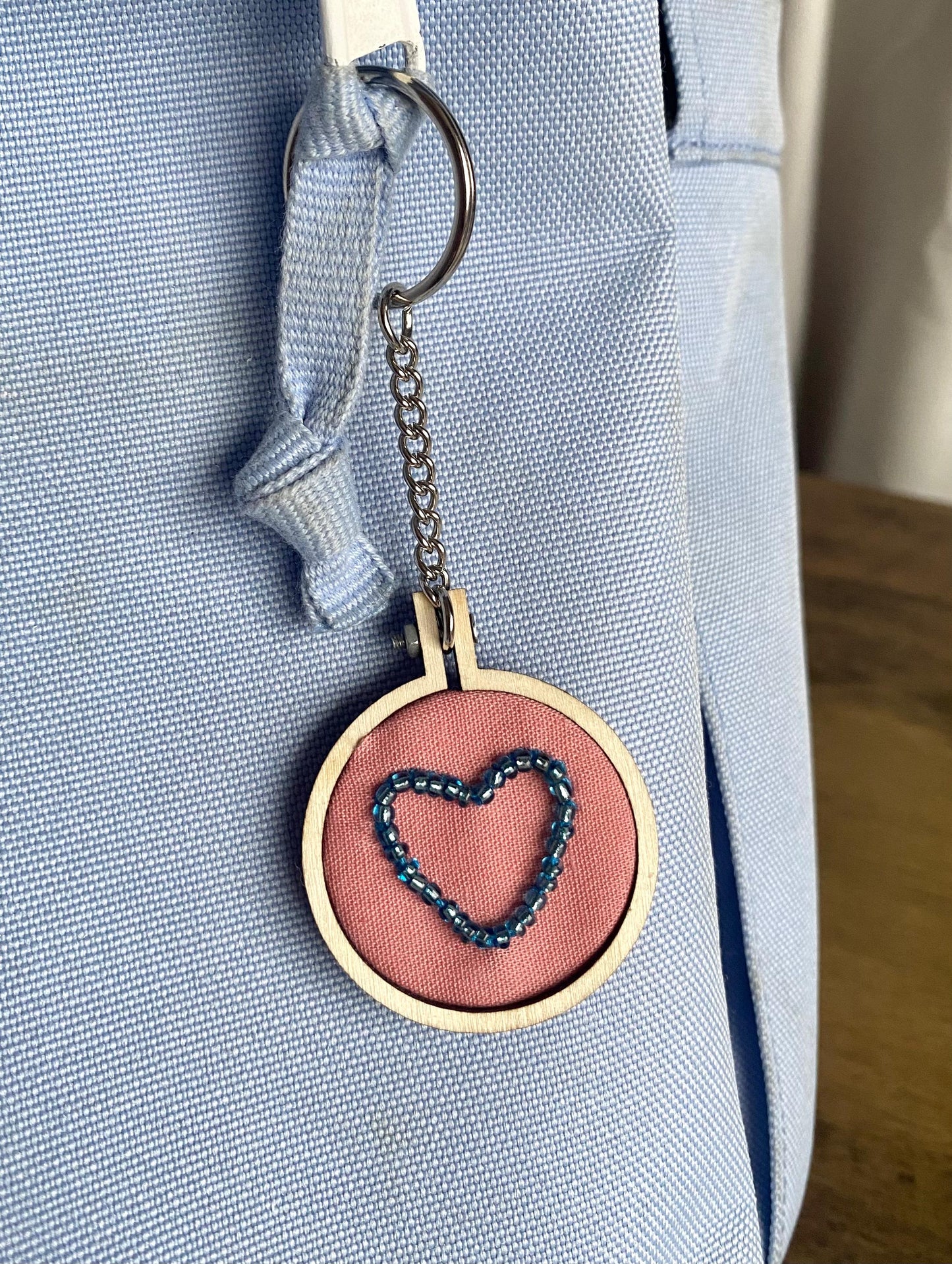 Hand Embroidered Keyring - Blue Heart