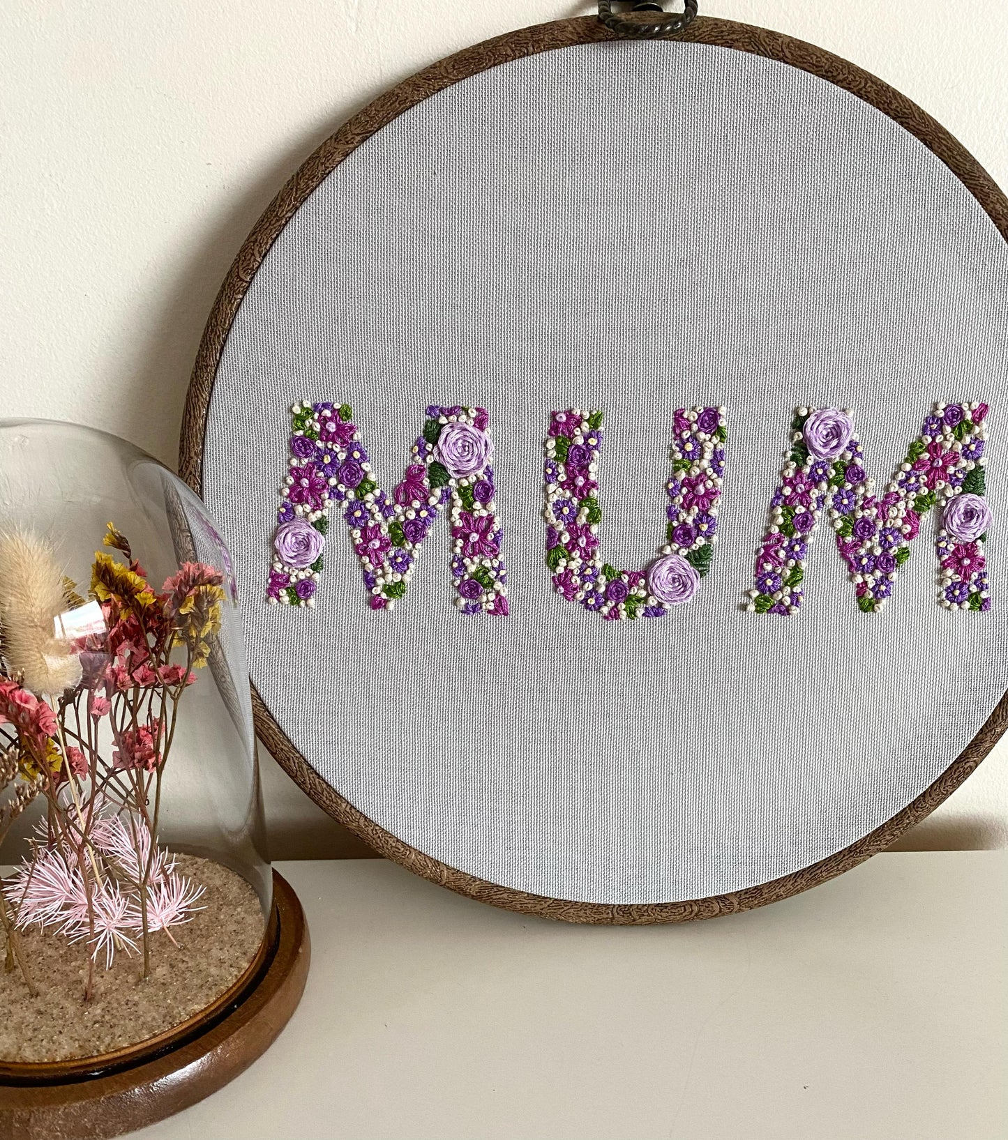 'Mum' Floral Hand Embroidered Wall Hanging