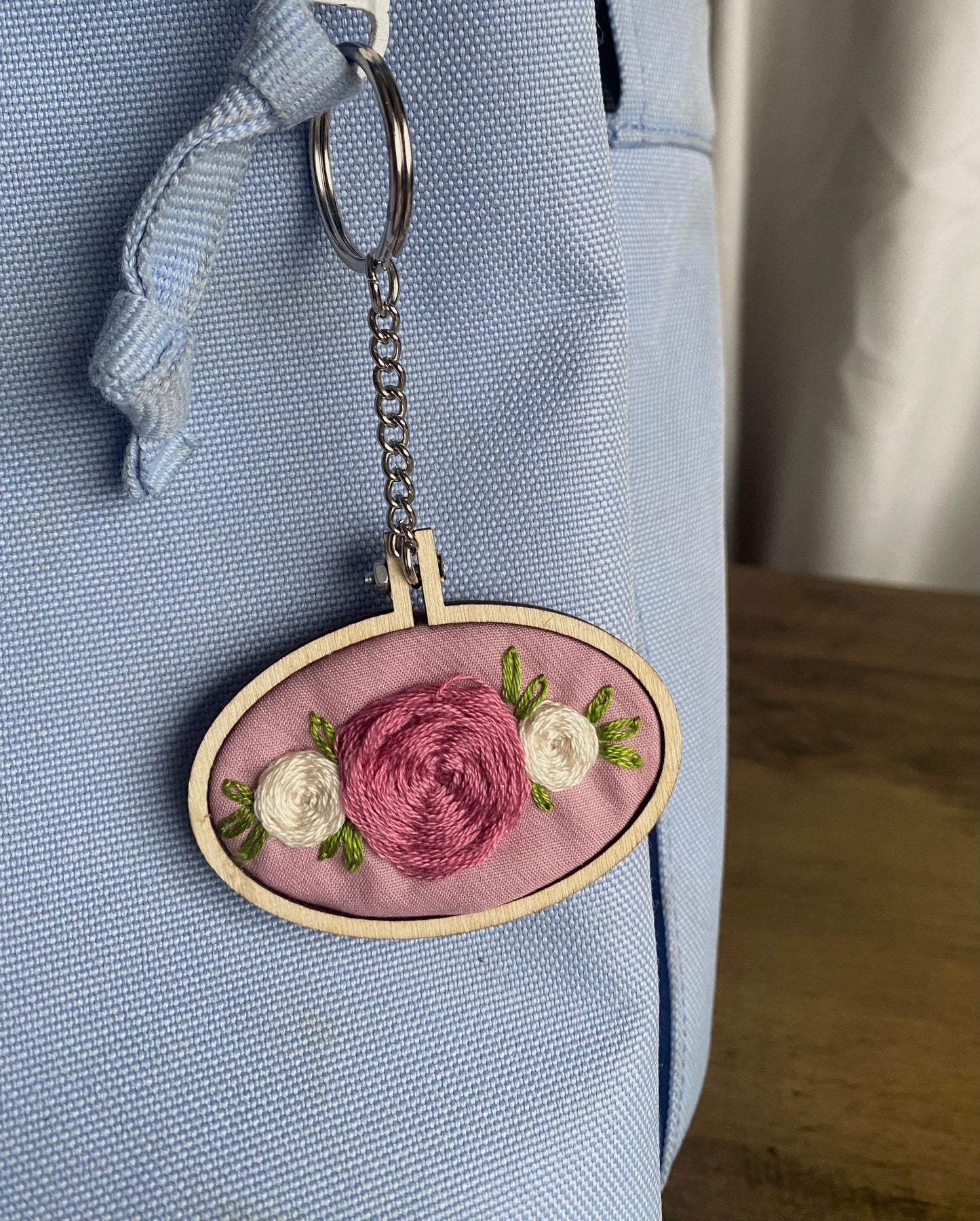 Hand Embroidered Keyring - Pink & White Roses