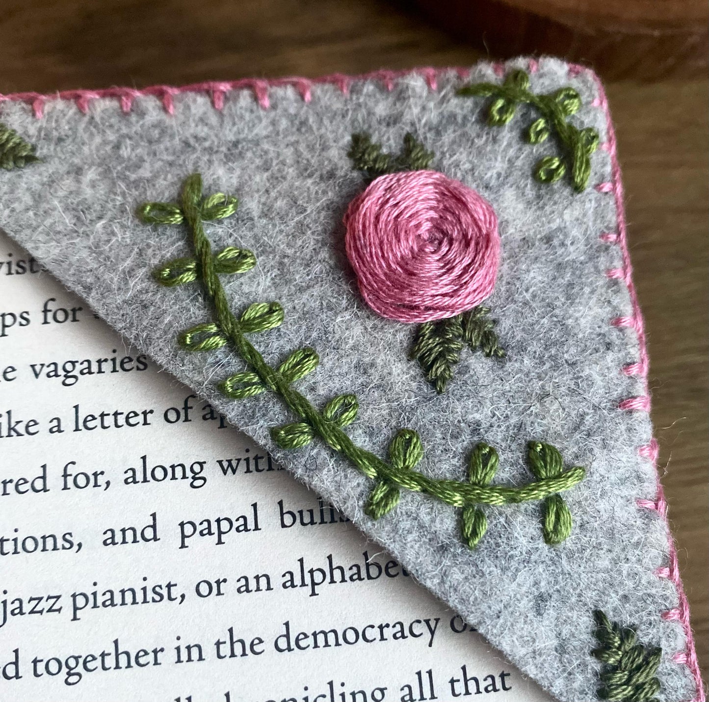 Hand Embroidered Bookmark - Grey Floral