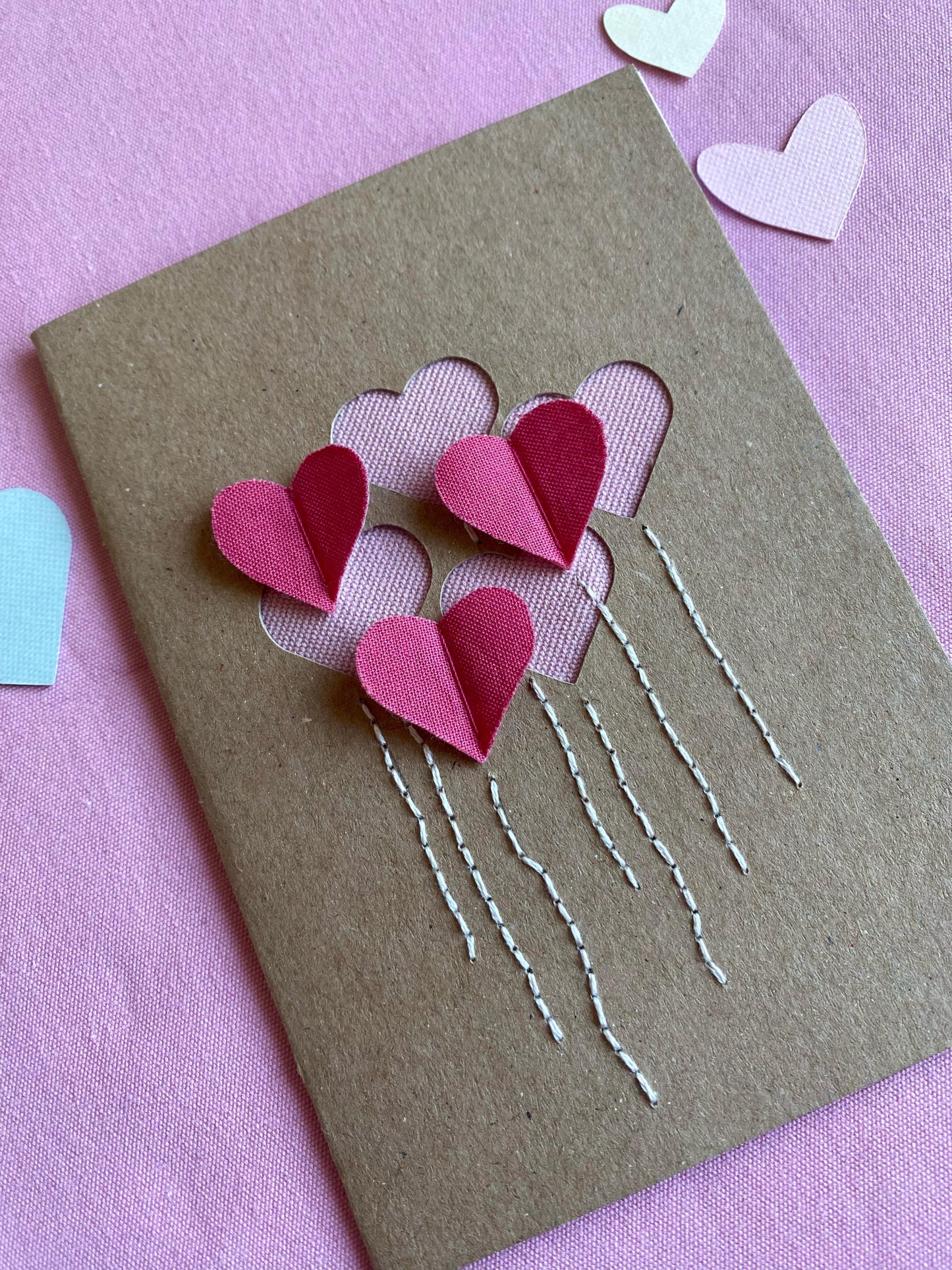 Hand Embroidered Card - Heart Balloons - Brown