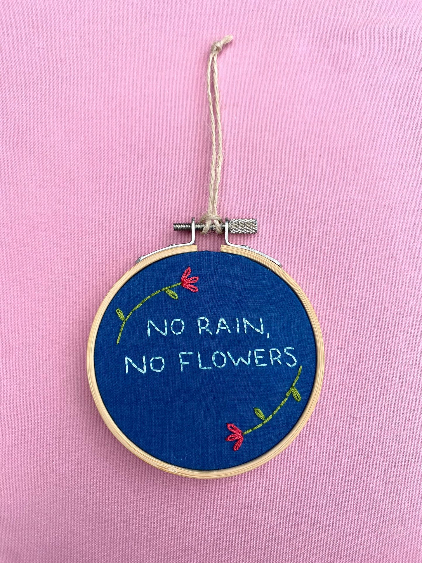 'No Rain, No Flowers' Hand Embroidered Mini Wall Hanging