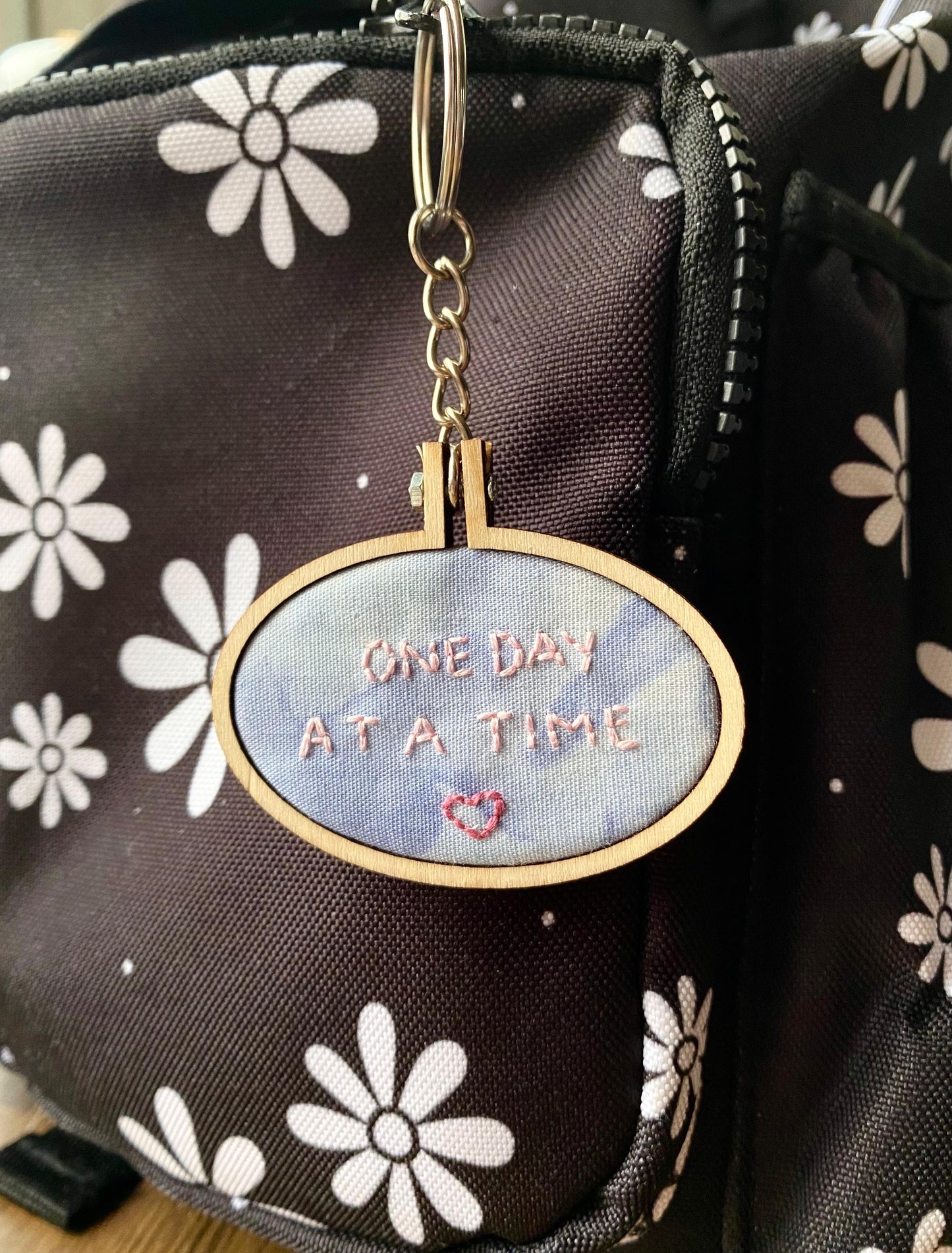 Hand Embroidered Keyring - One Day At A Time