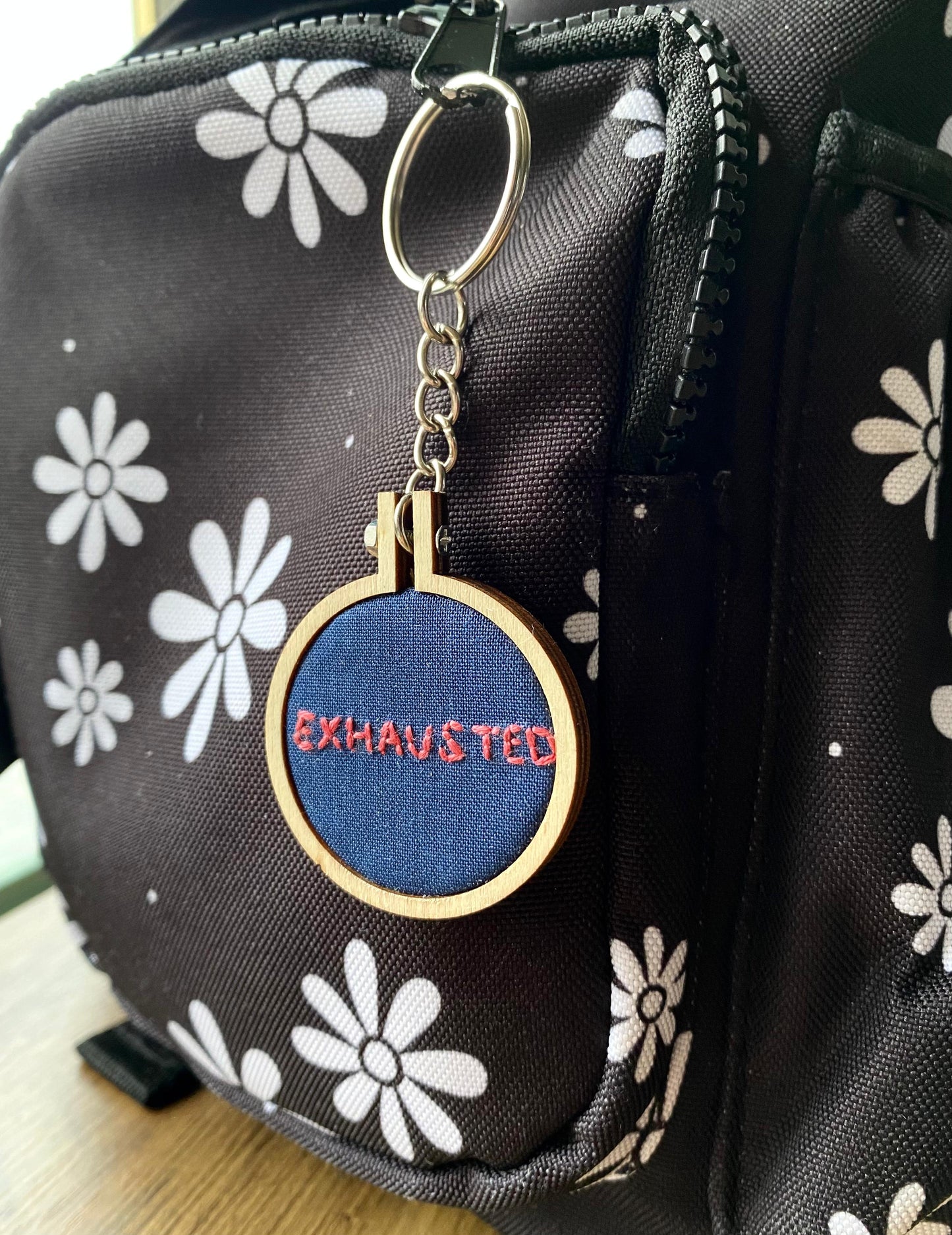 Hand Embroidered Keyring - Exhausted