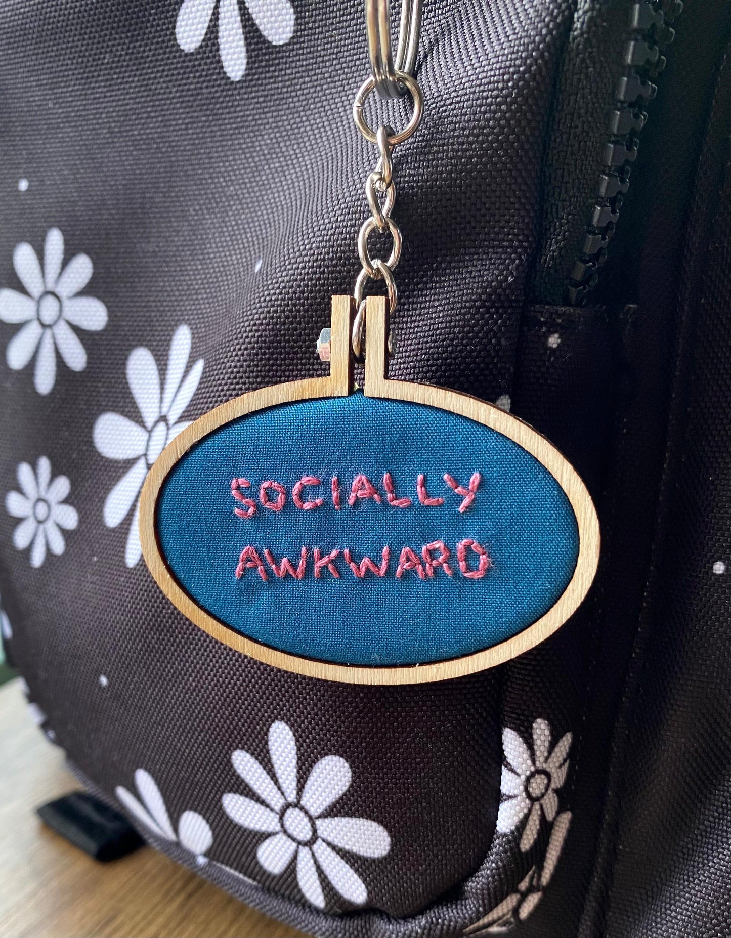 Hand Embroidered Keyring - Socially Awkward
