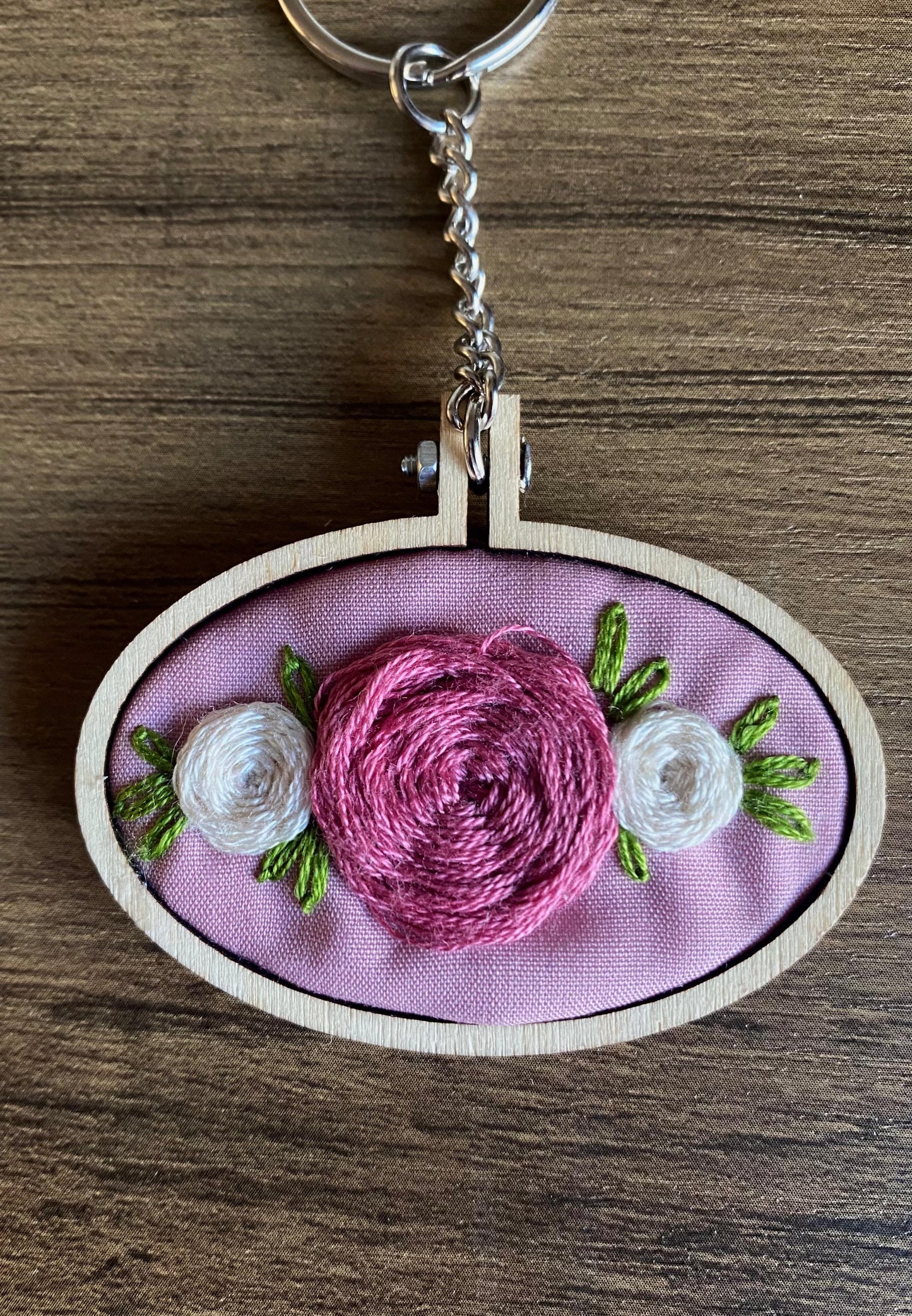 Hand Embroidered Keyring - Pink & White Roses