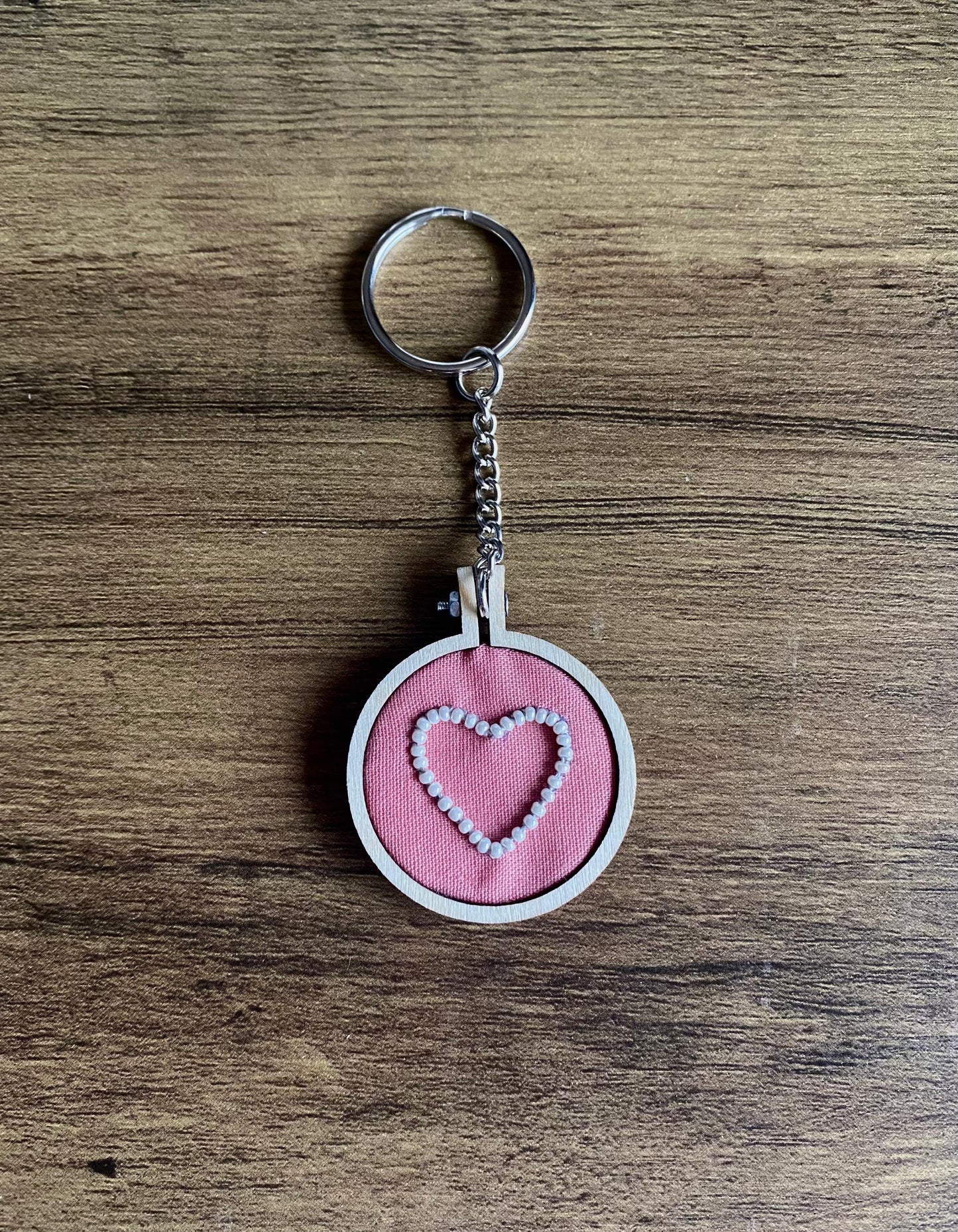 Hand Embroidered Keyring - White Heart