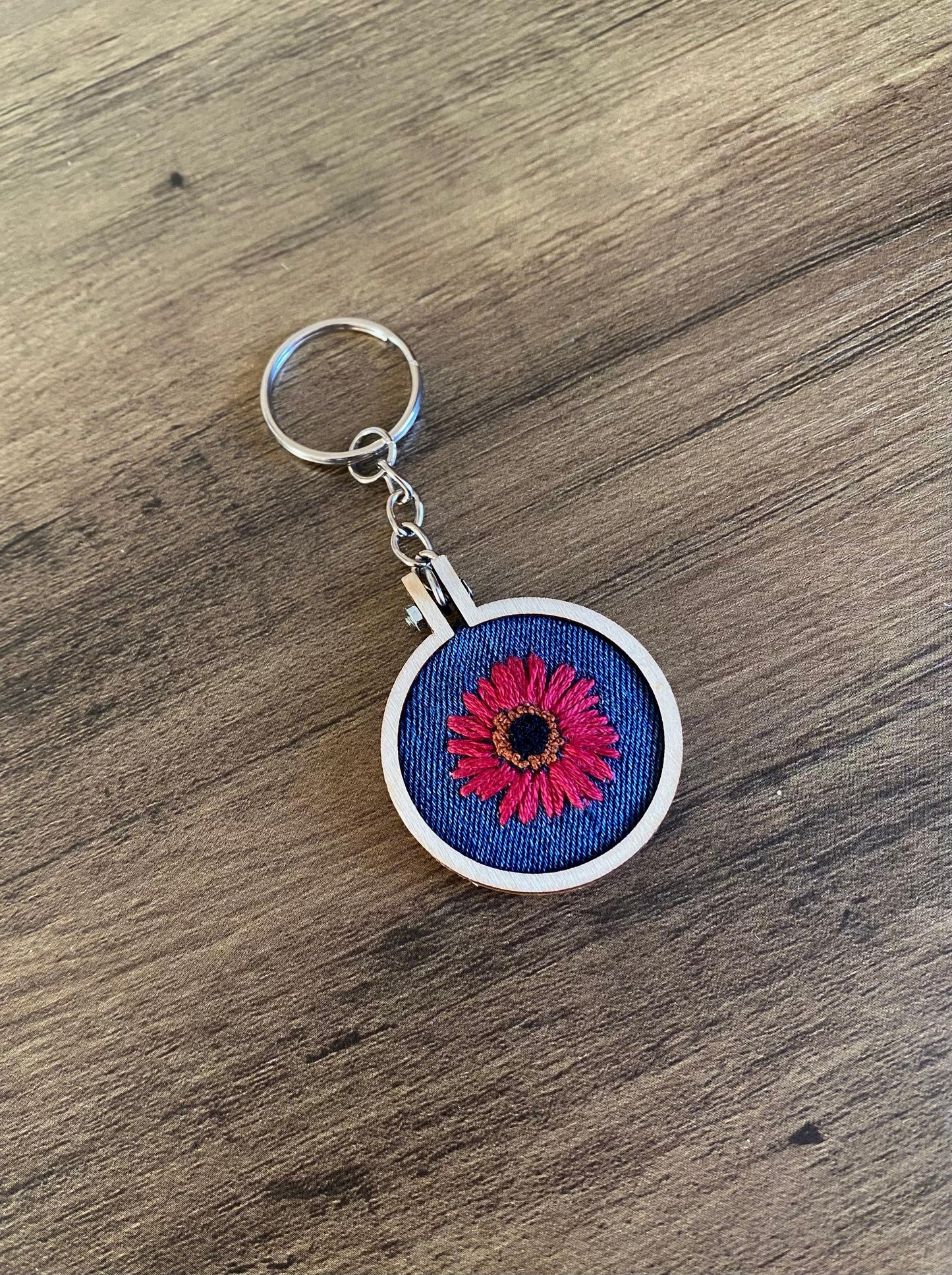 Hand Embroidered Keyring - Pink Flower