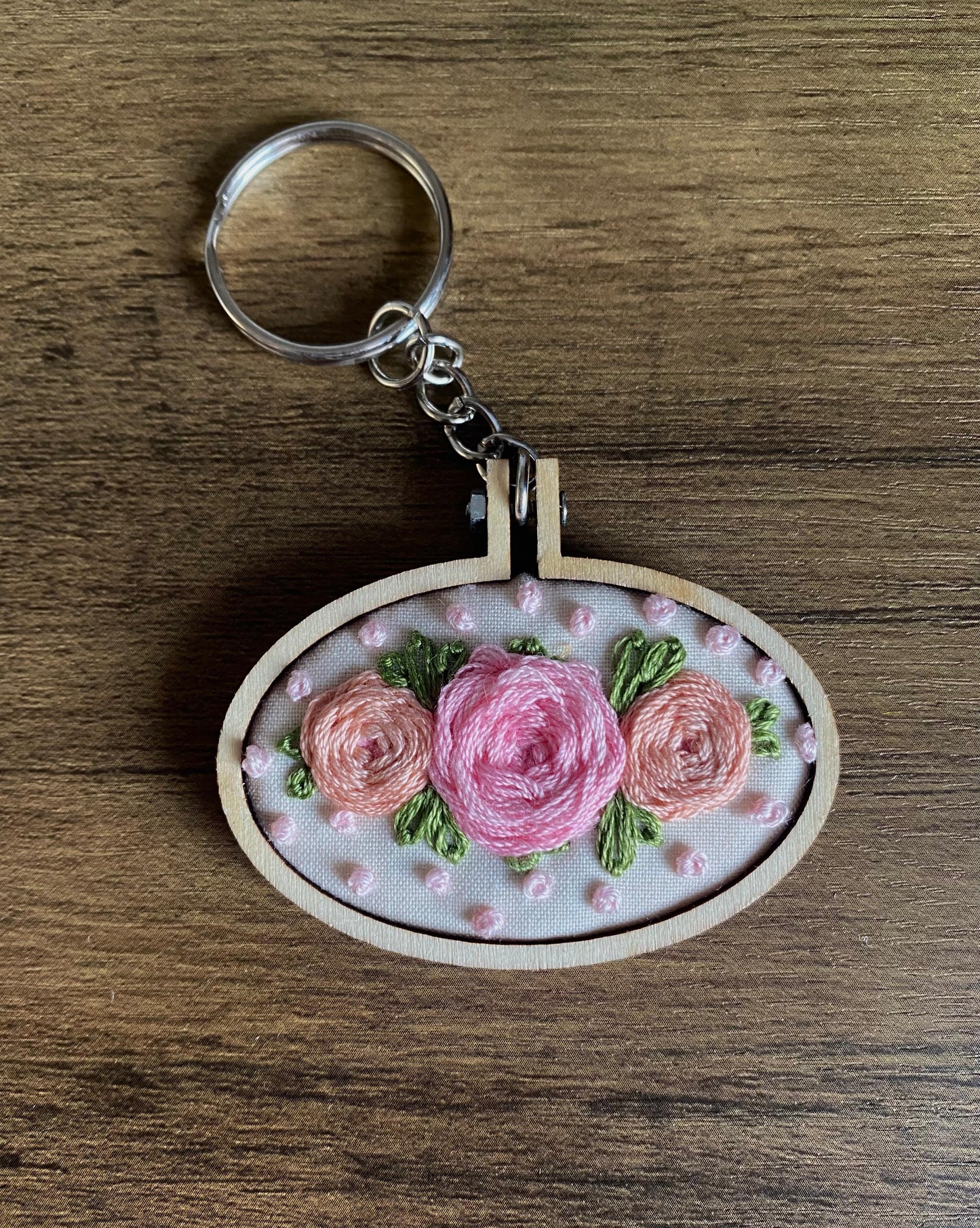 Hand Embroidered Keyring - Pink & Peach Roses