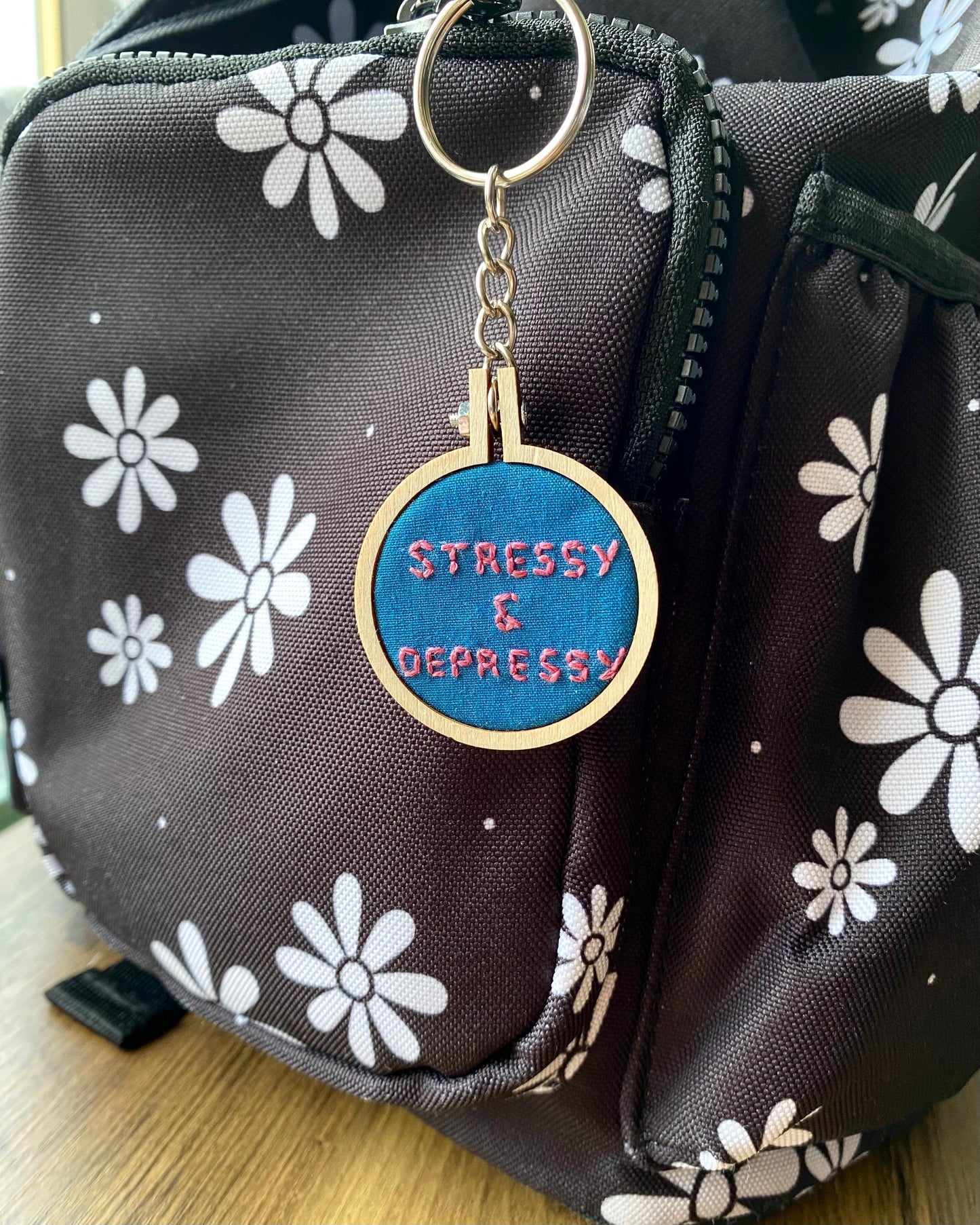 Hand Embroidered Keyring - Stressy & Depressy