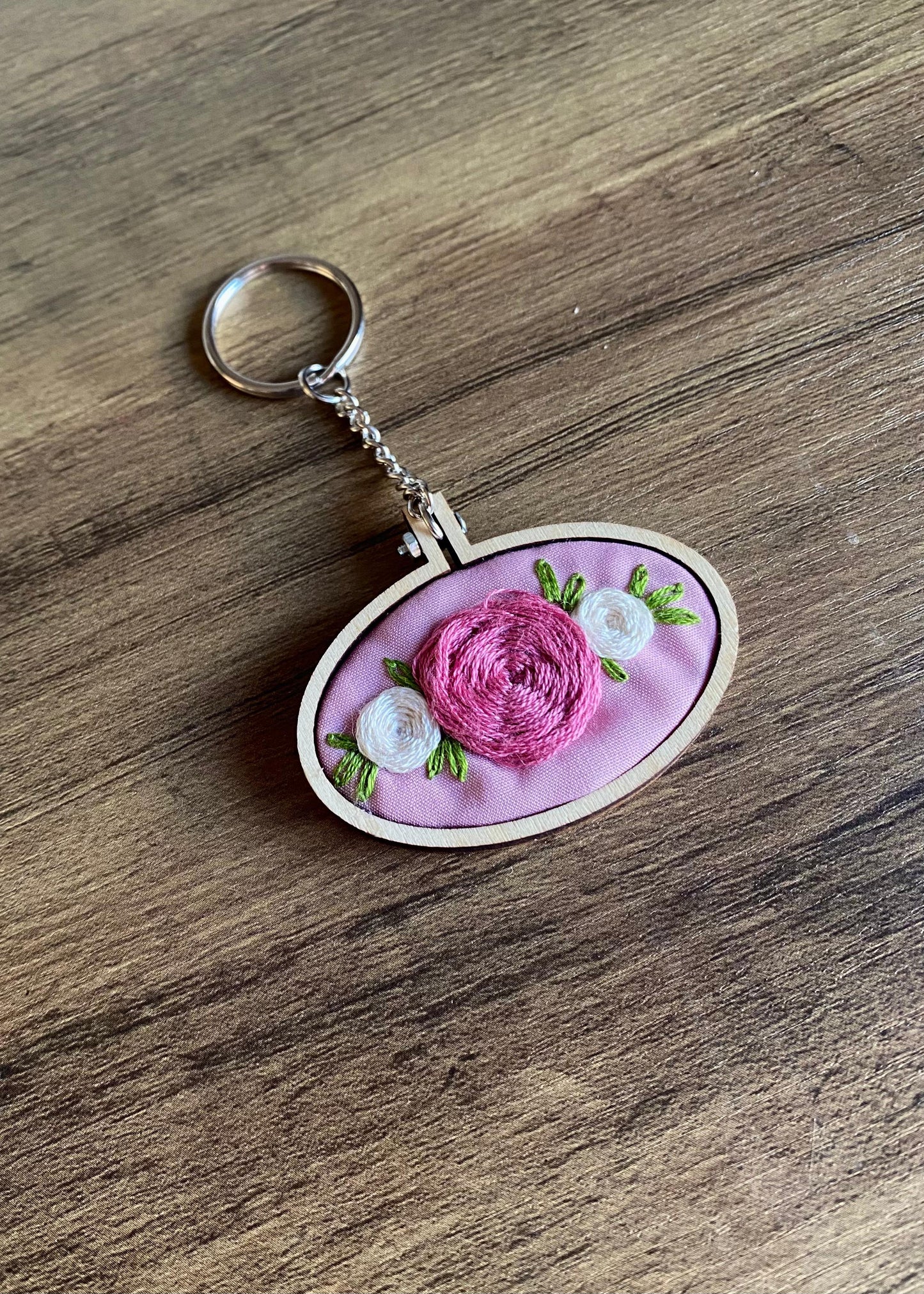 Hand Embroidered Keyring - Pink & White Roses