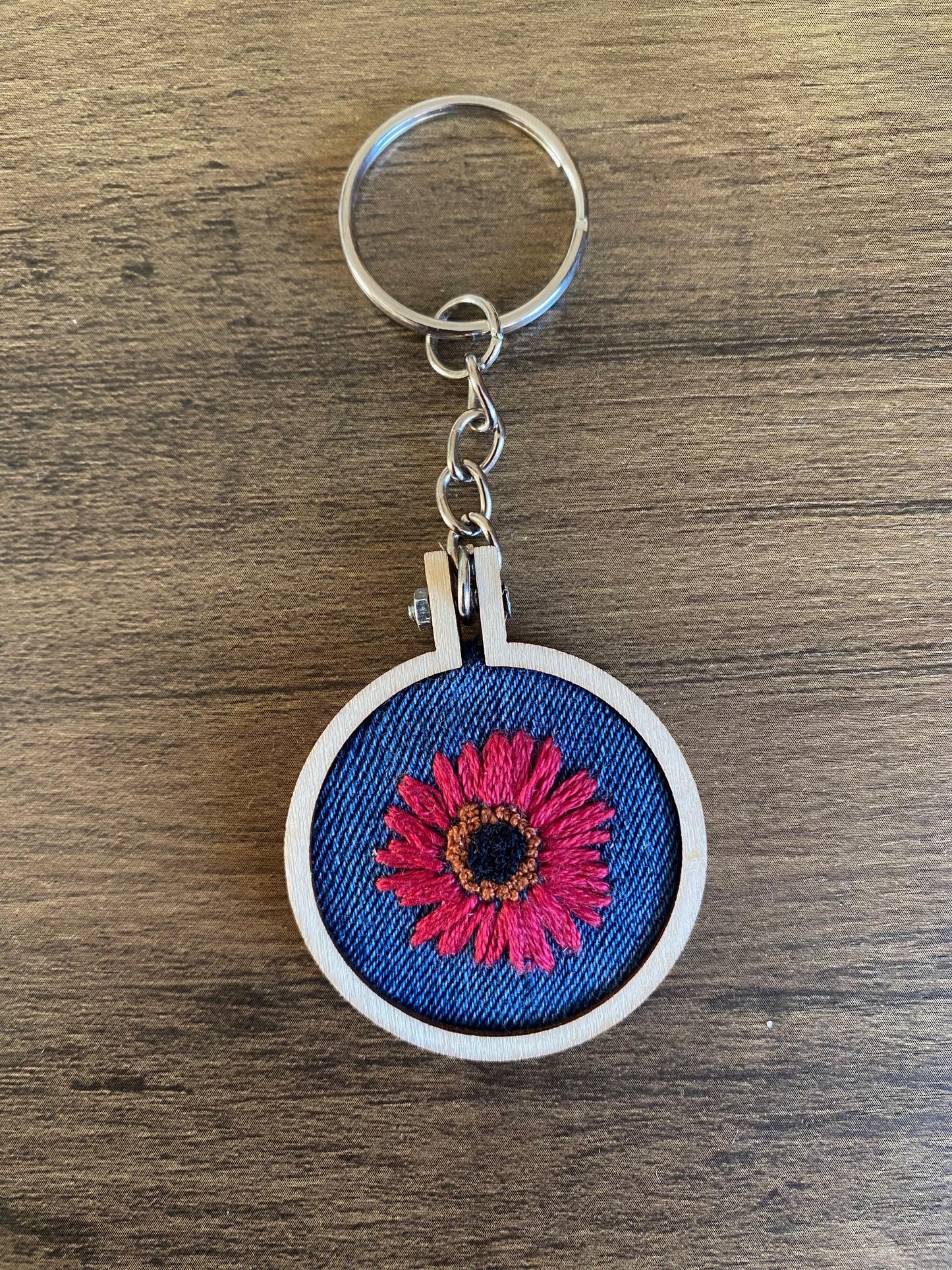 Hand Embroidered Keyring - Pink Flower
