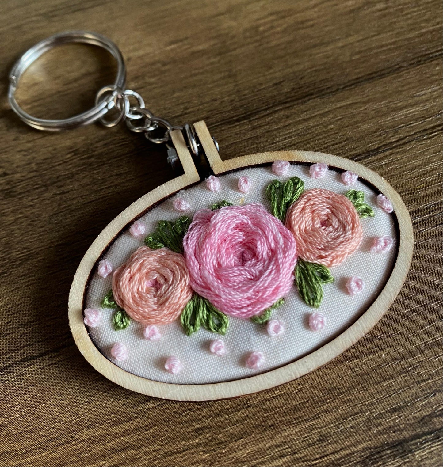 Hand Embroidered Keyring - Pink & Peach Roses
