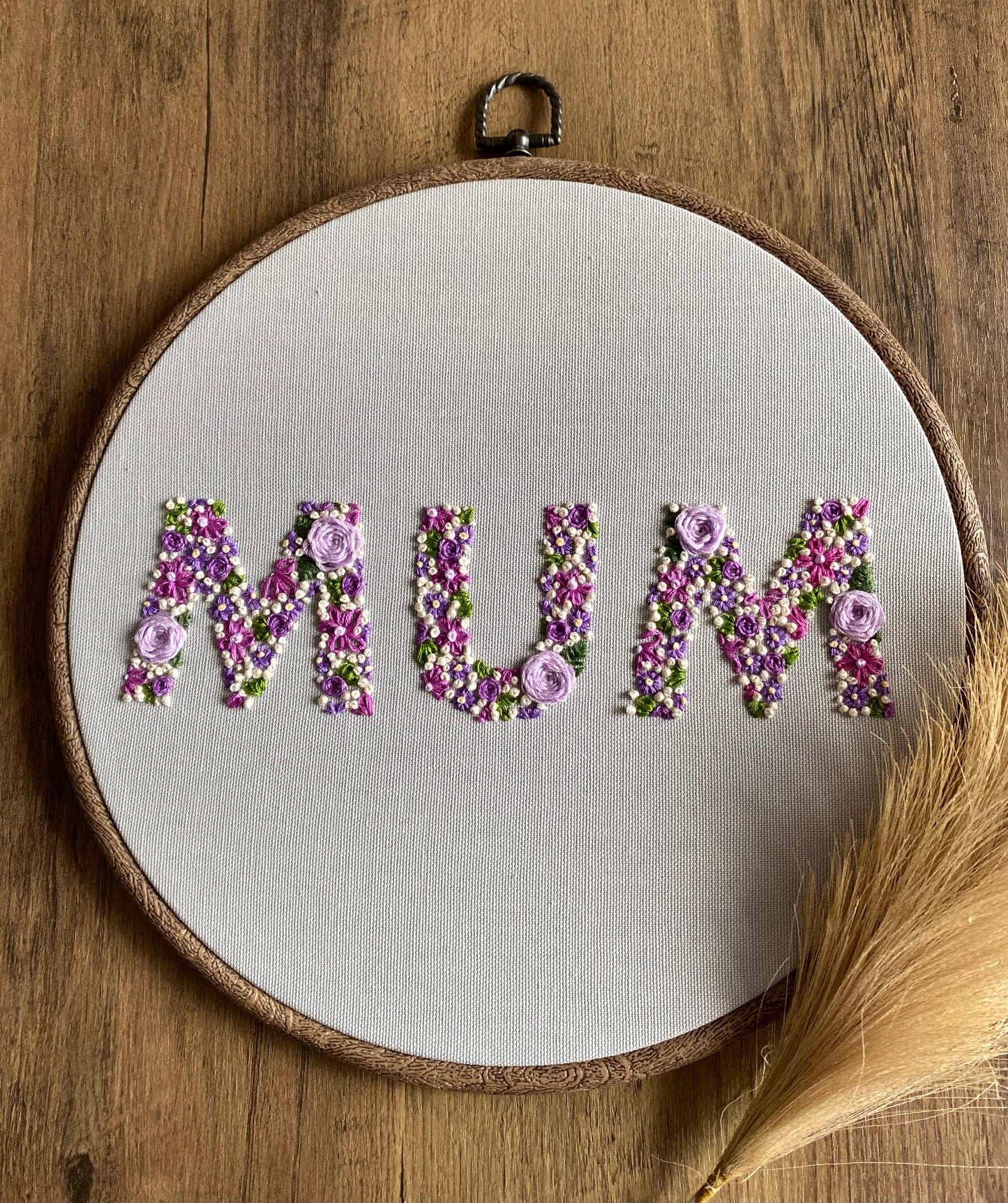 'Mum' Floral Hand Embroidered Wall Hanging