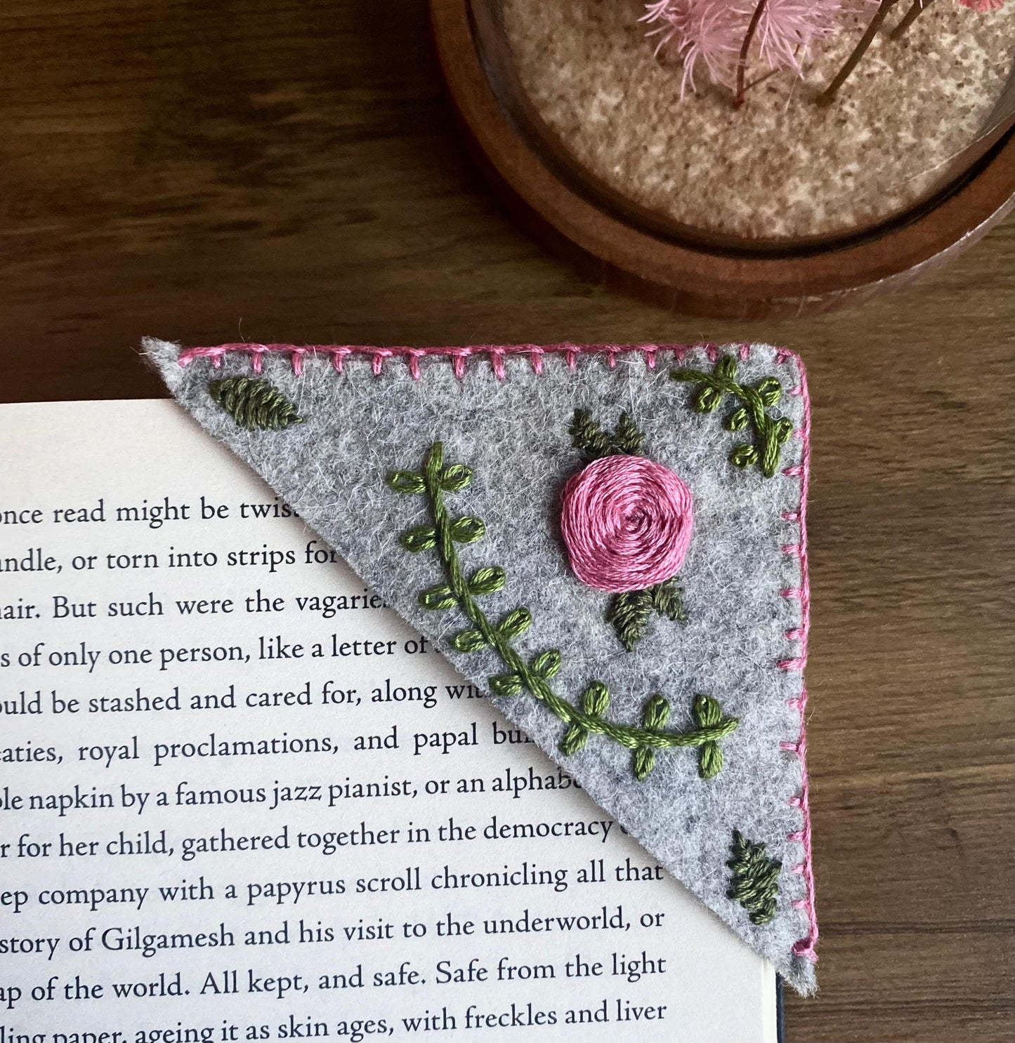 Hand Embroidered Bookmark - Grey Floral