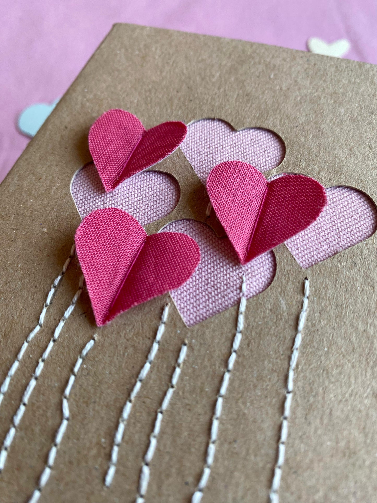 Hand Embroidered Card - Heart Balloons - Brown