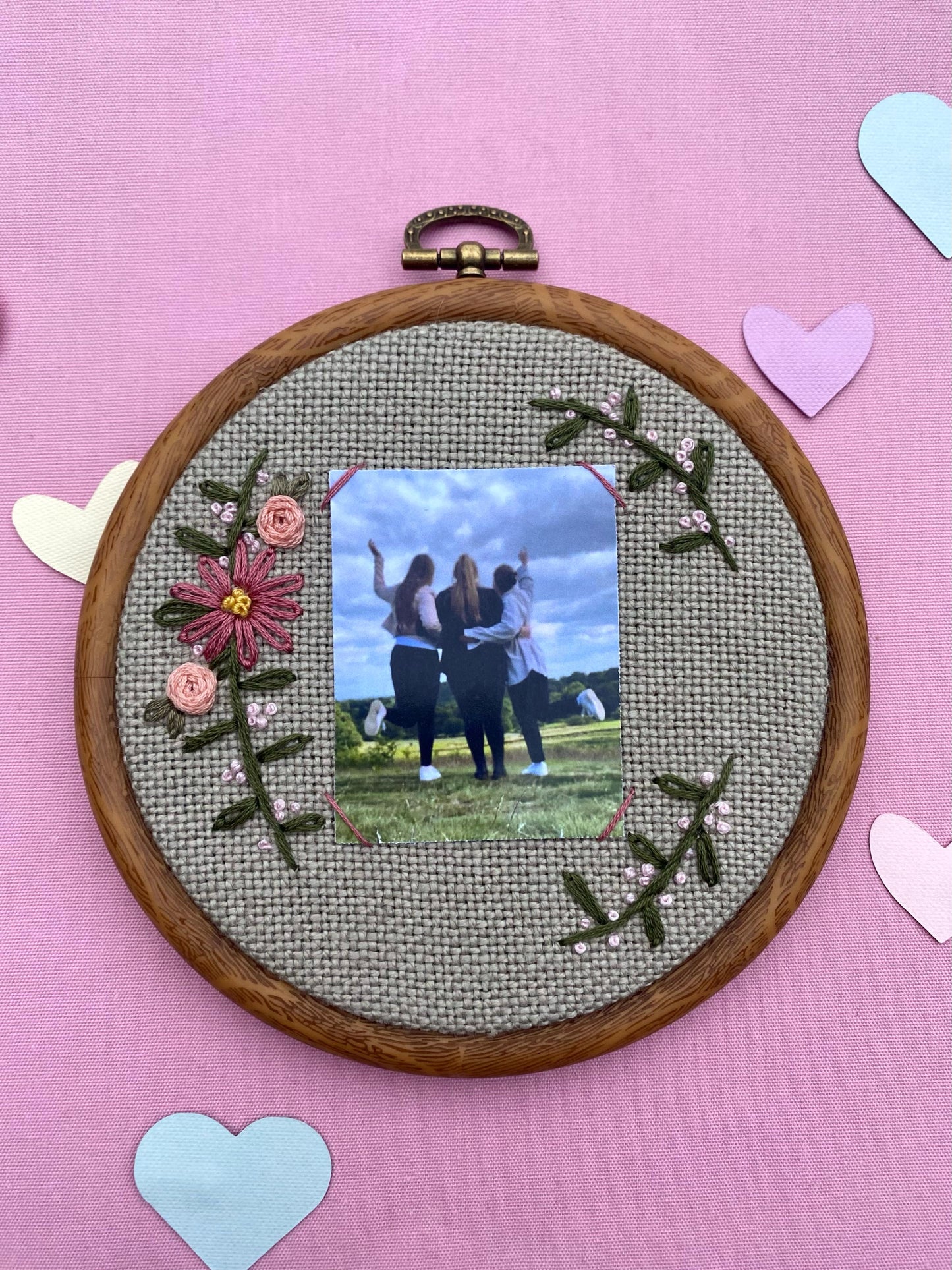 Hand Embroidered Photo Frame - Circle Shape - Pink Flowers
