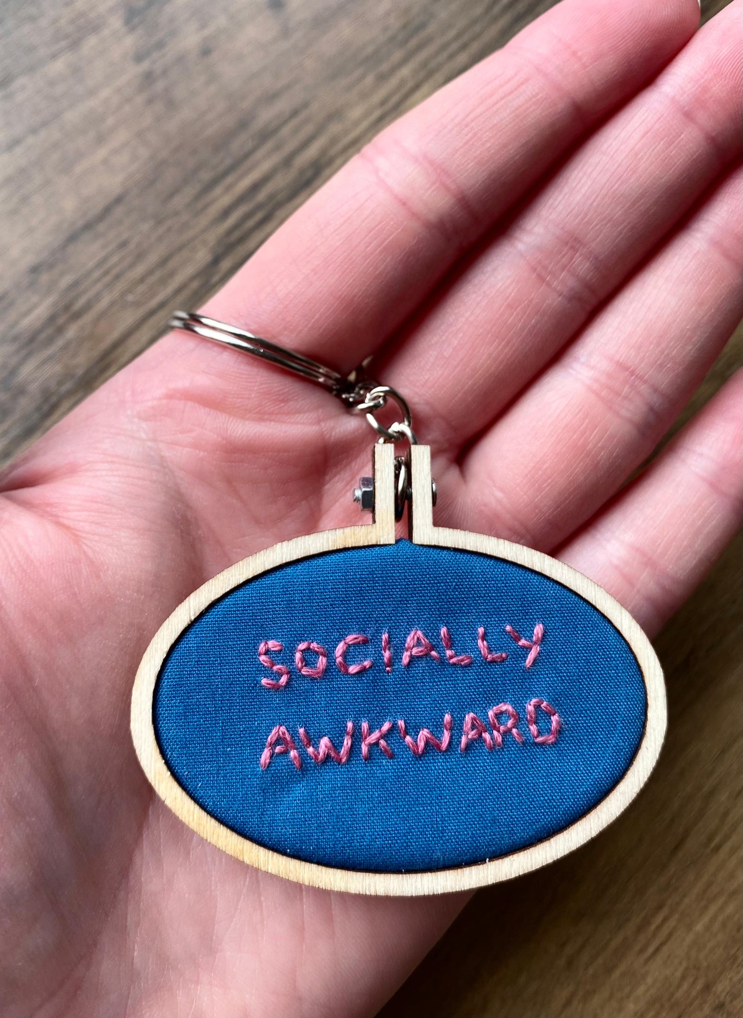 Hand Embroidered Keyring - Socially Awkward