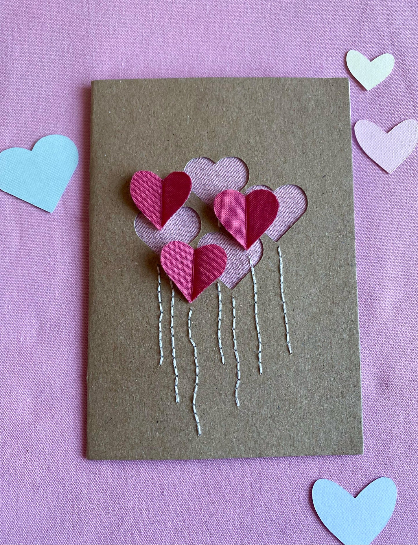 Hand Embroidered Card - Heart Balloons - Brown