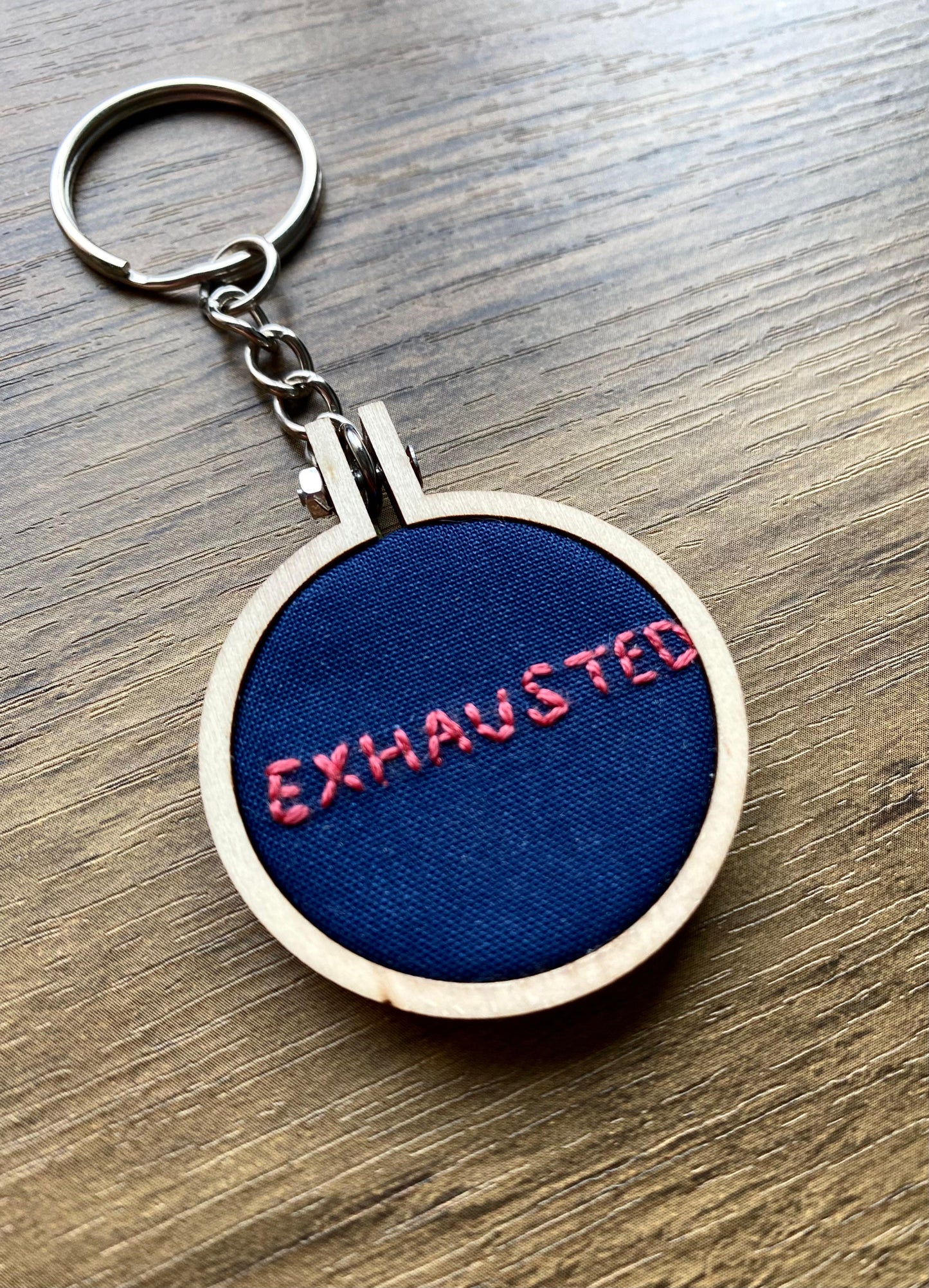 Hand Embroidered Keyring - Exhausted