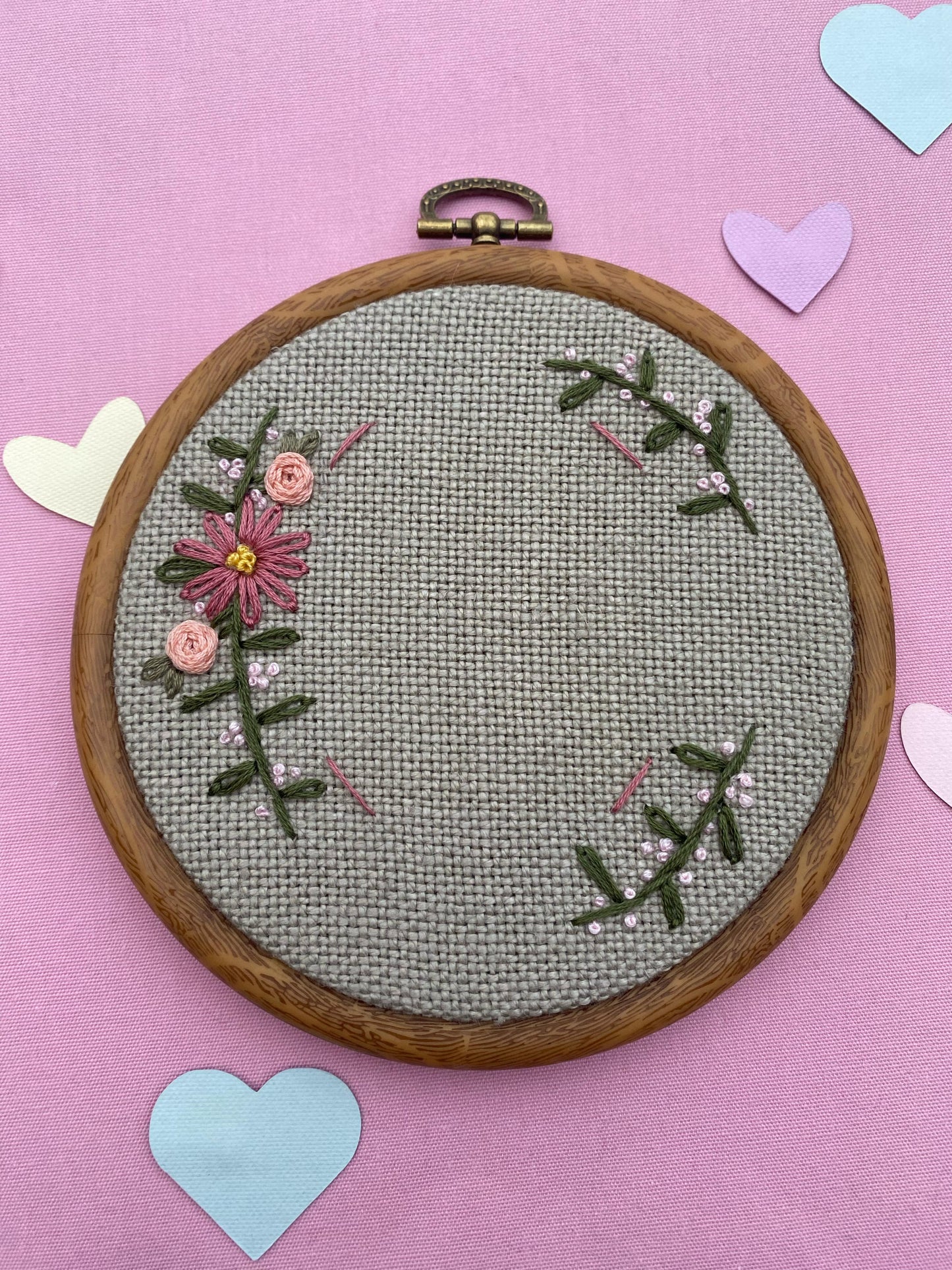 Hand Embroidered Photo Frame - Circle Shape - Pink Flowers