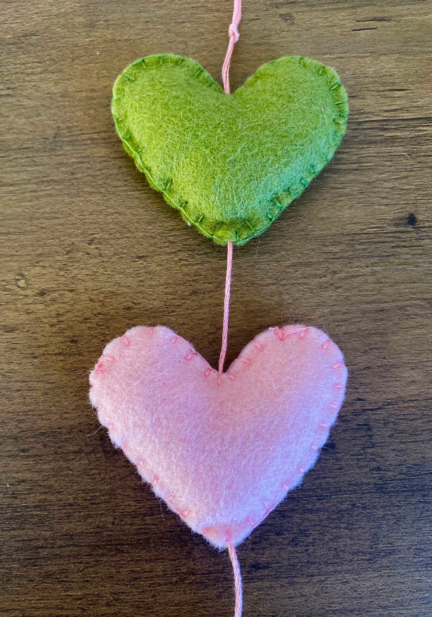 Hearts Hanging Decoration - Green & Pink