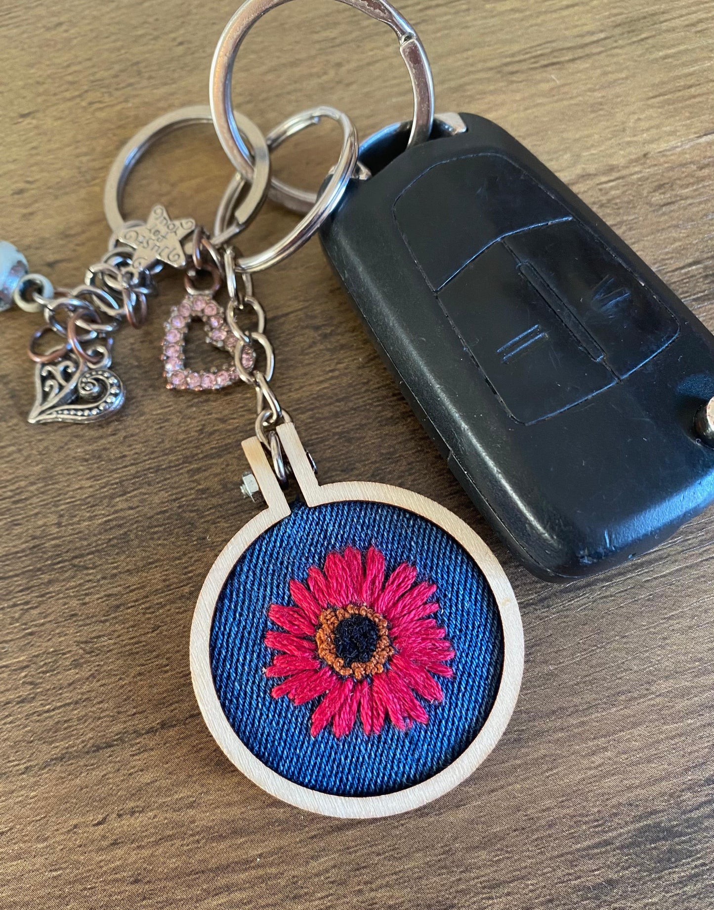 Hand Embroidered Keyring - Pink Flower
