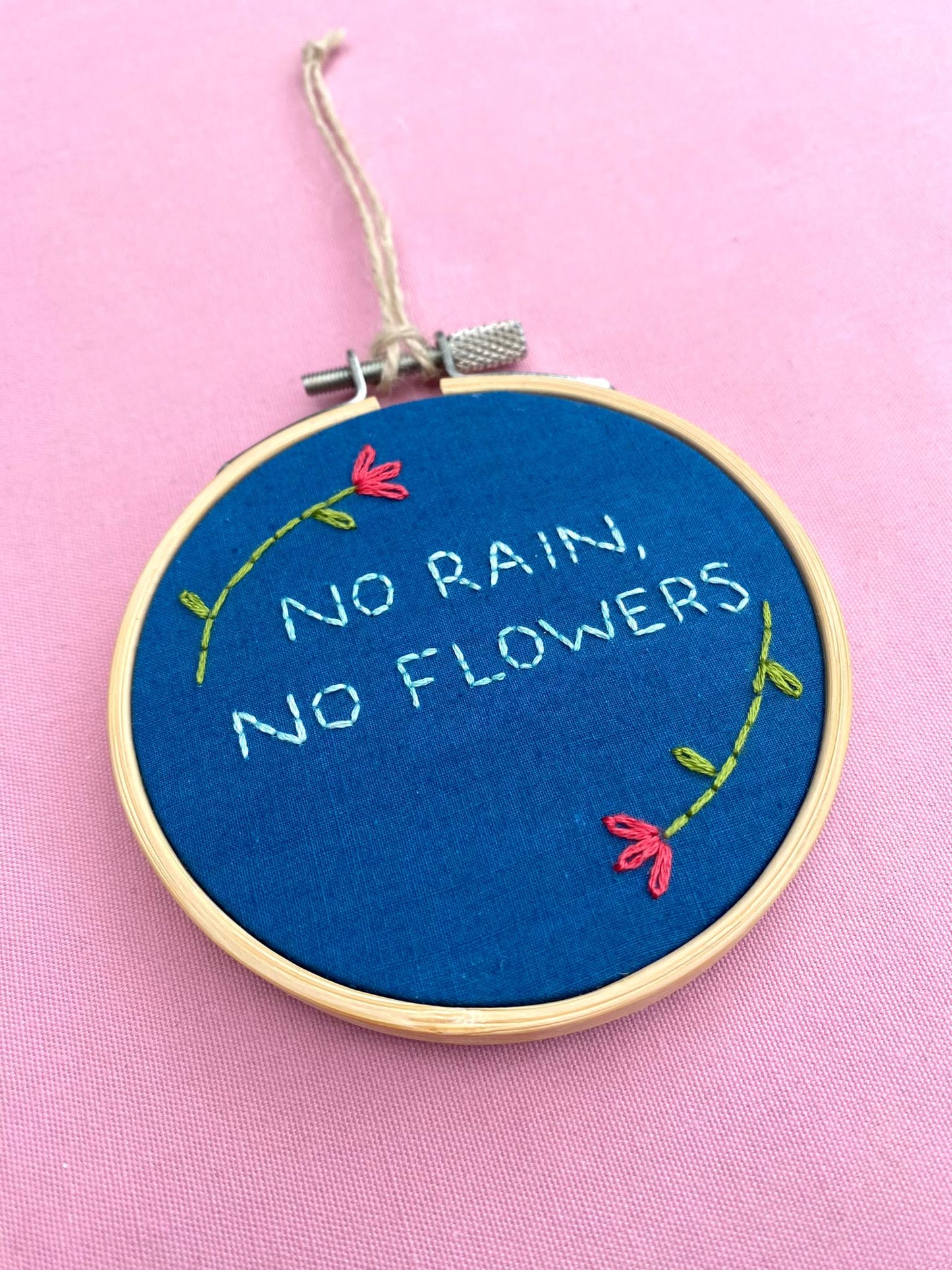 'No Rain, No Flowers' Hand Embroidered Mini Wall Hanging