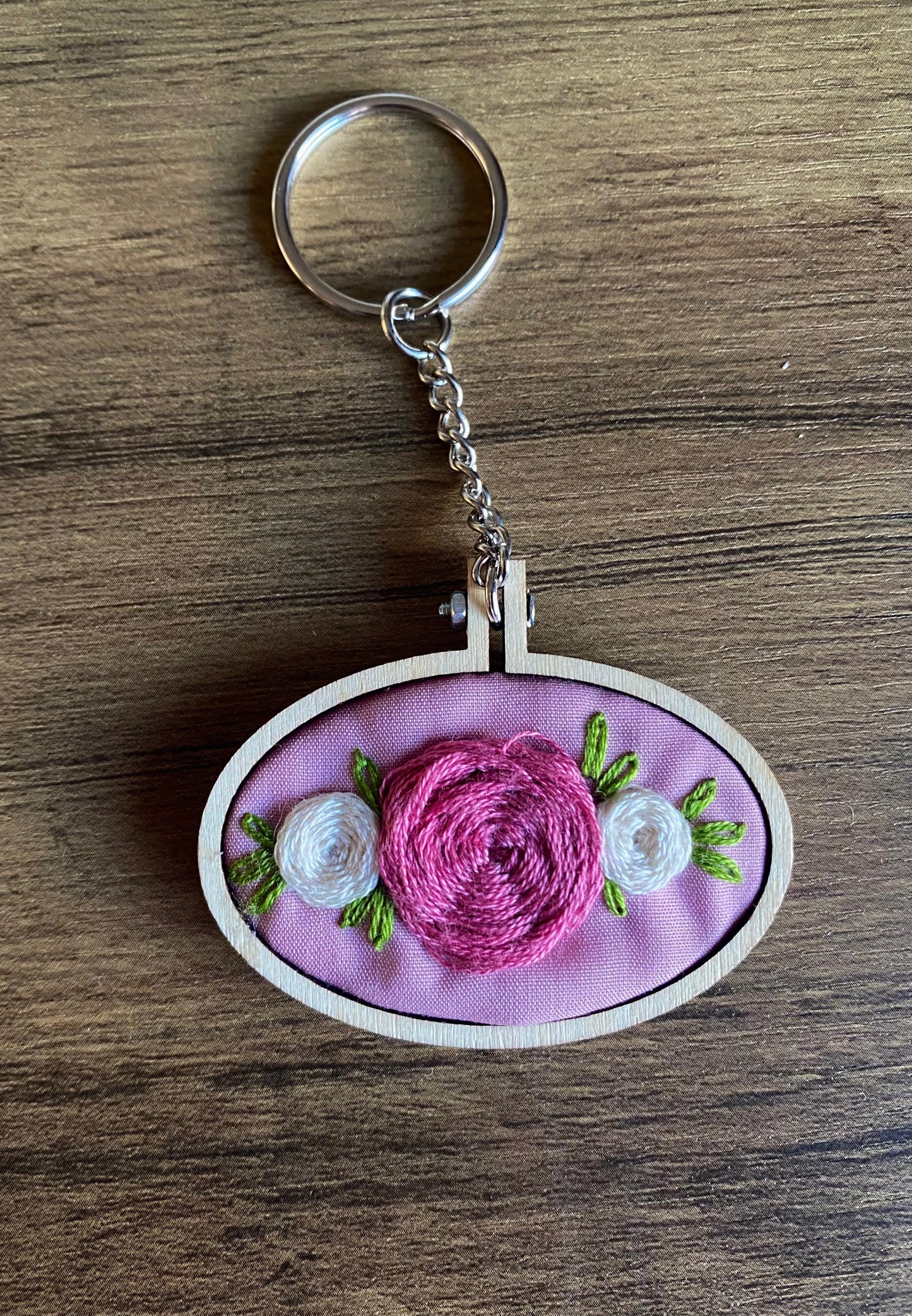Hand Embroidered Keyring - Pink & White Roses