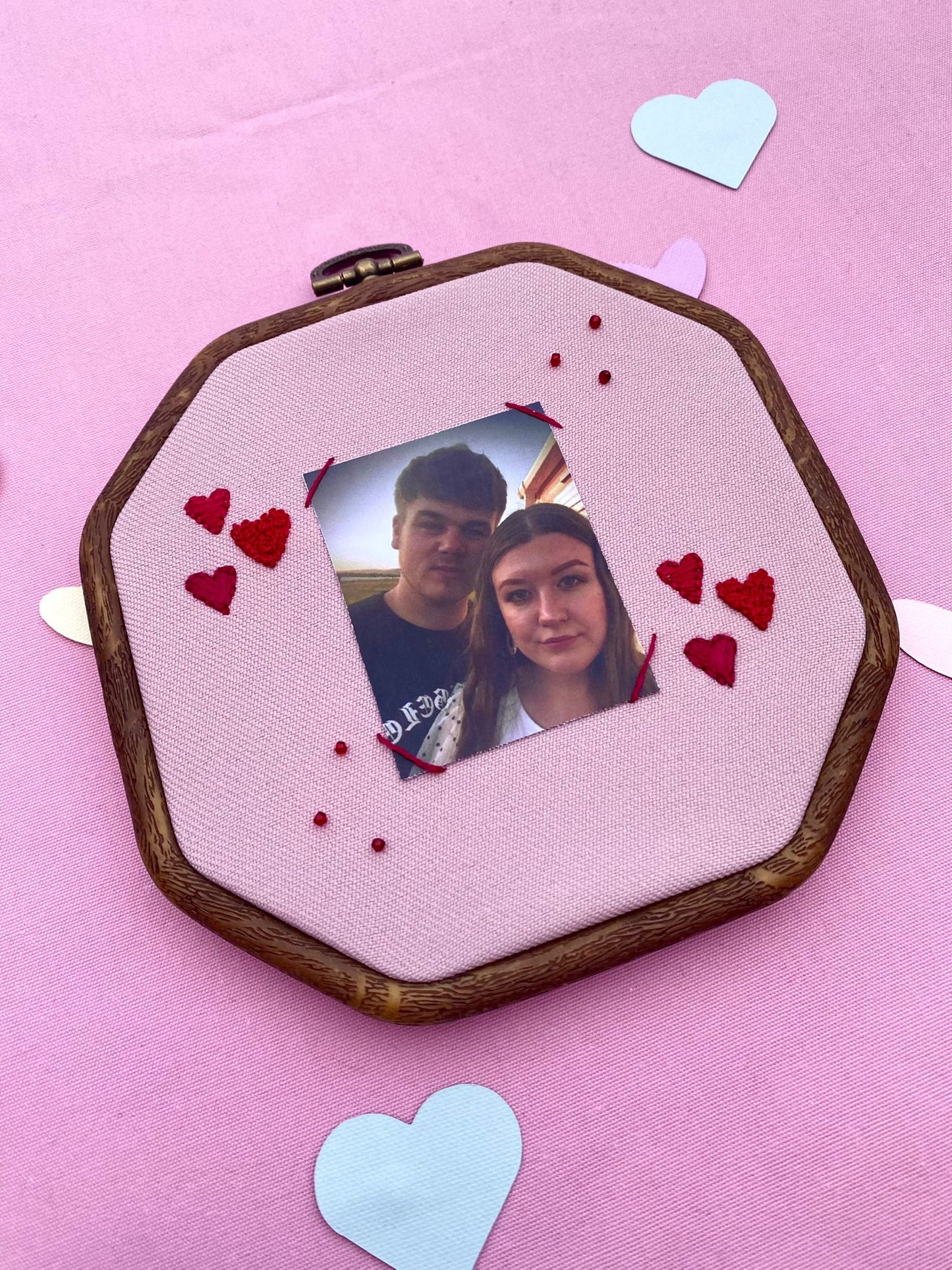 Hand Embroidered Photo Frame - Octagon Shape - Hearts