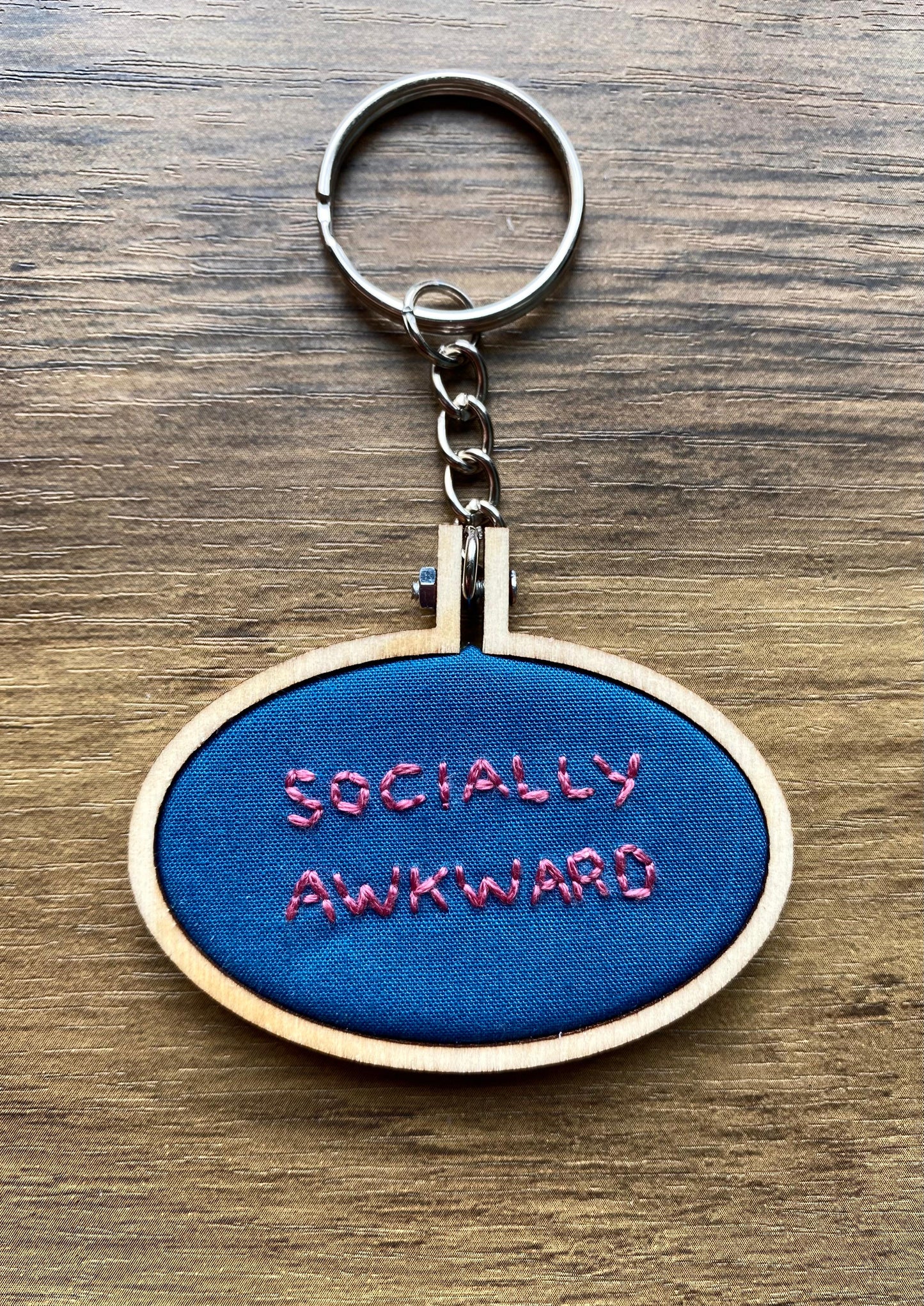 Hand Embroidered Keyring - Socially Awkward