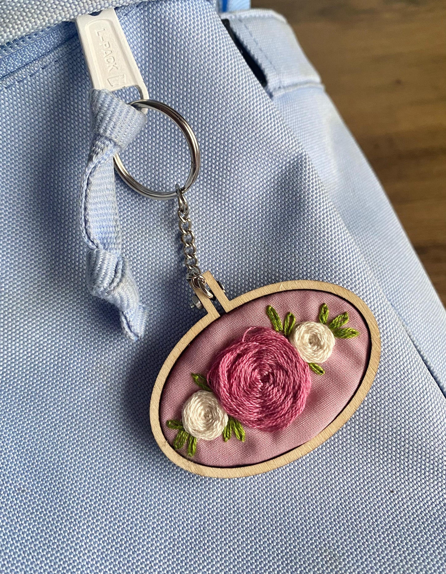 Hand Embroidered Keyring - Pink & White Roses