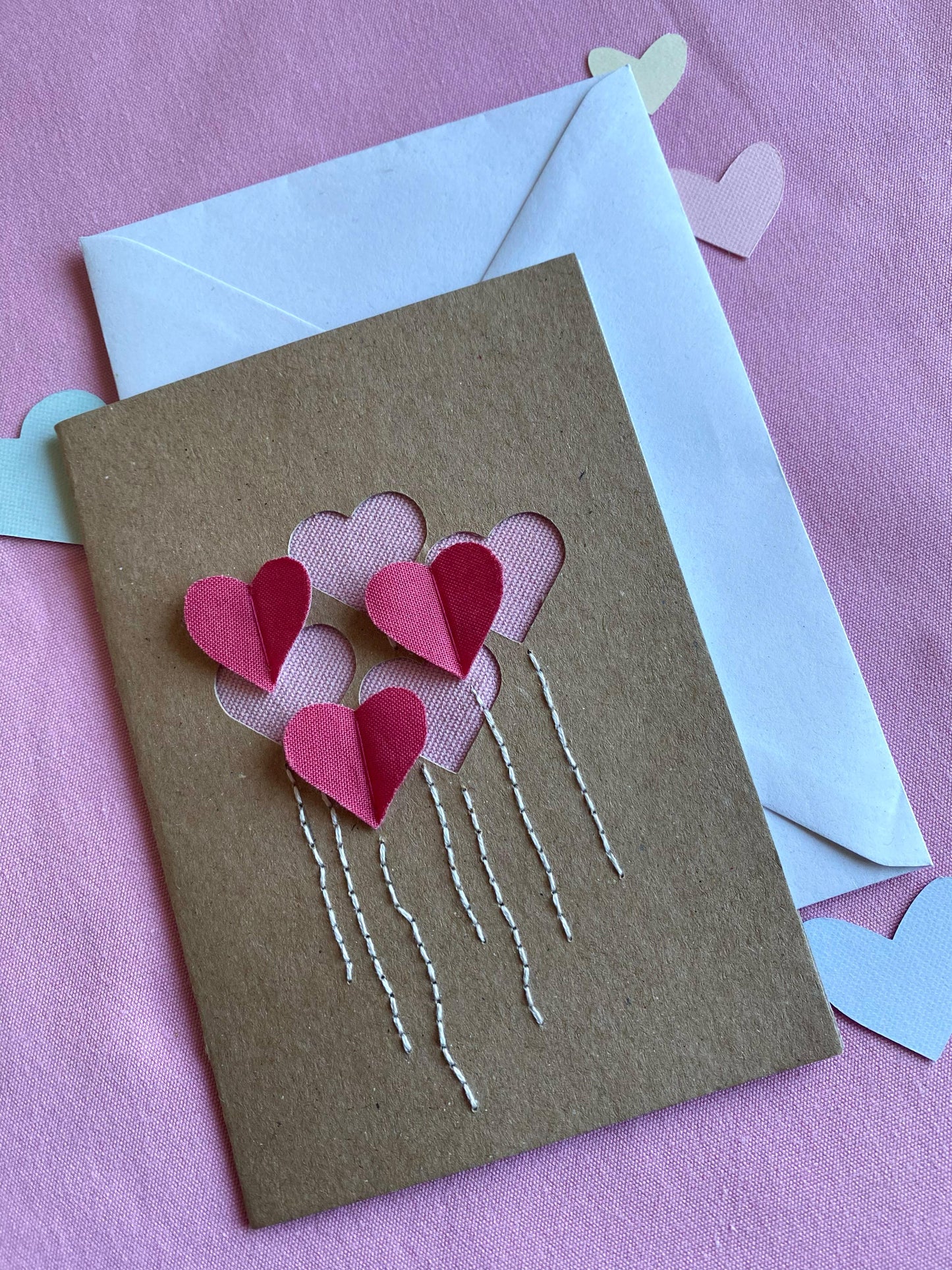 Hand Embroidered Card - Heart Balloons - Brown