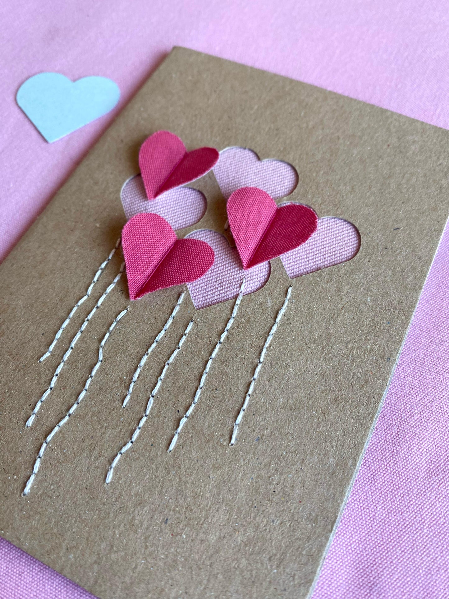 Hand Embroidered Card - Heart Balloons - Brown