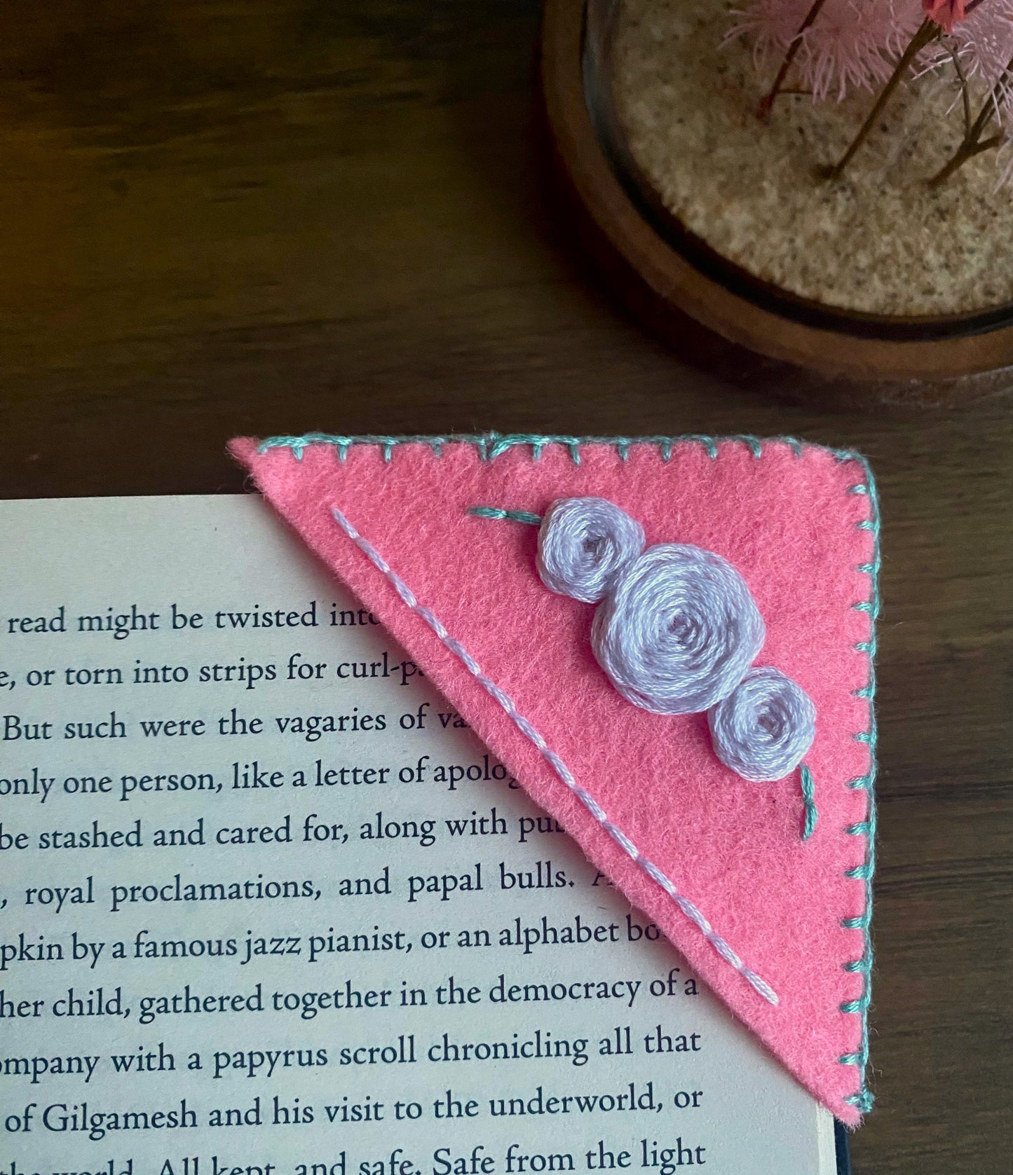Hand Embroidered Bookmark - Pink Floral