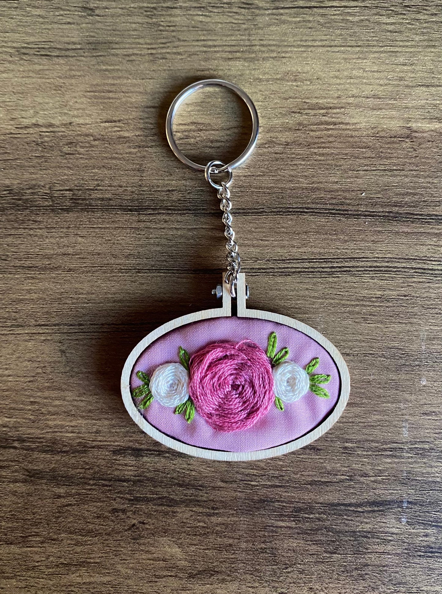 Hand Embroidered Keyring - Pink & White Roses