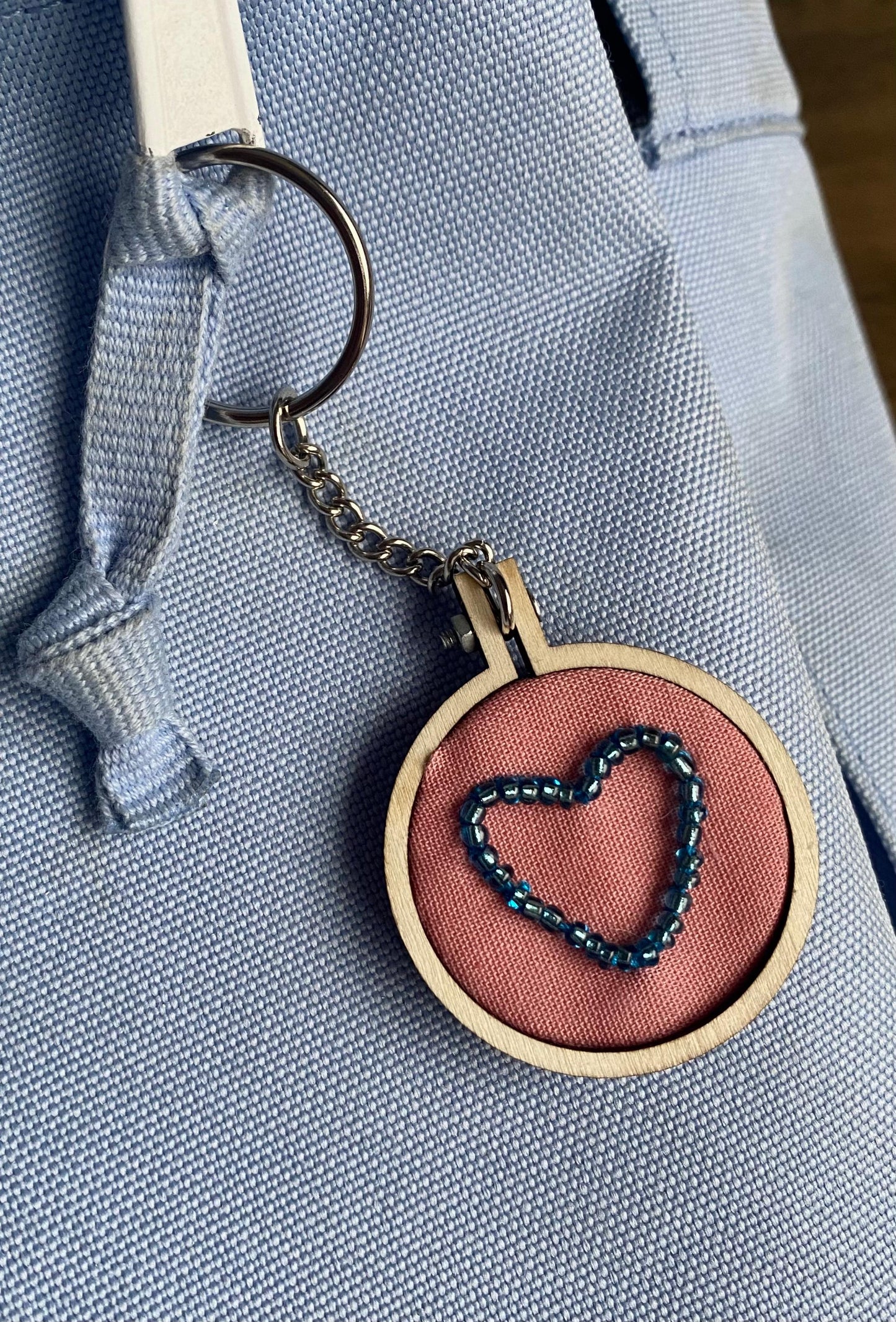 Hand Embroidered Keyring - Blue Heart
