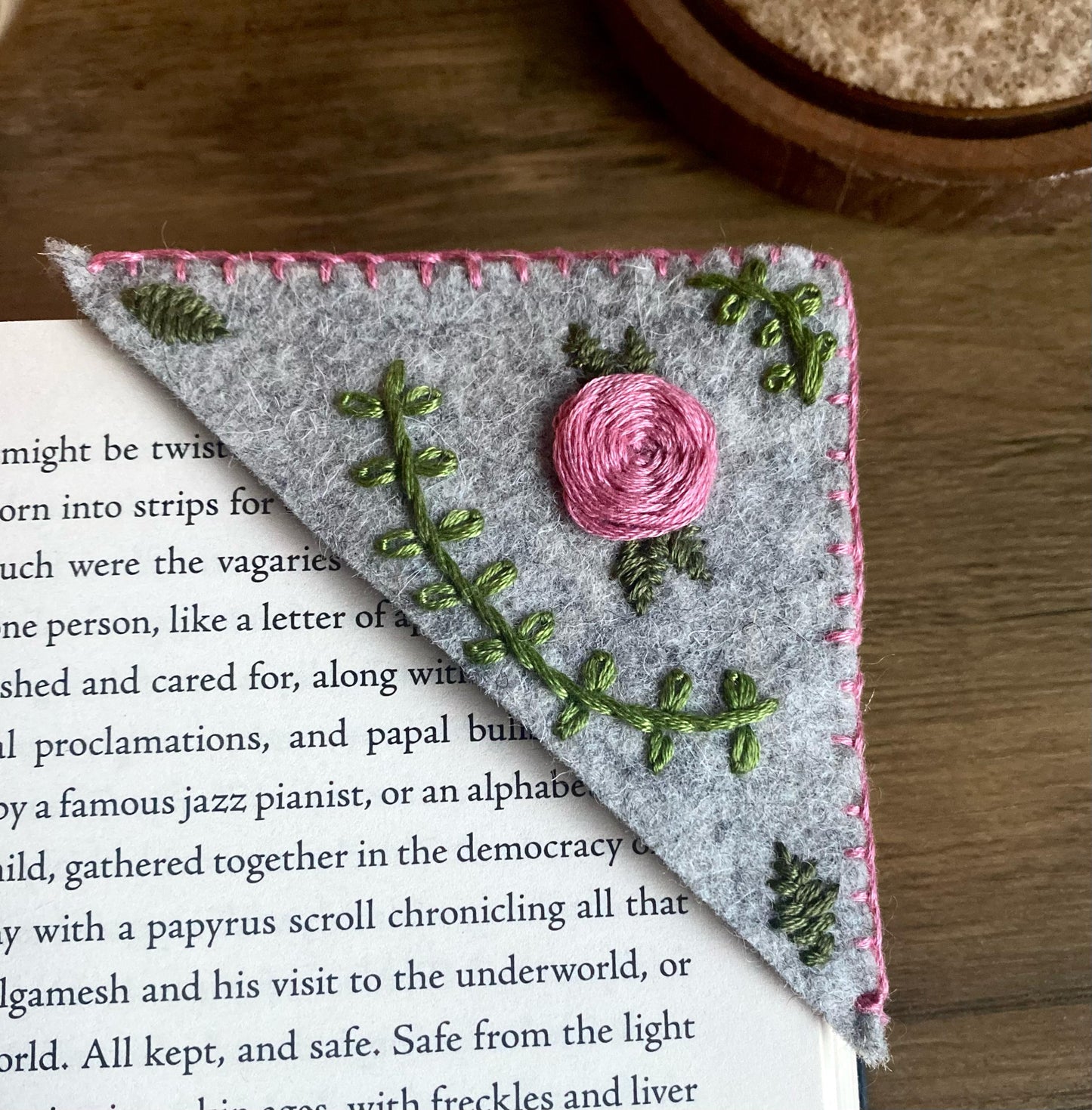Hand Embroidered Bookmark - Grey Floral