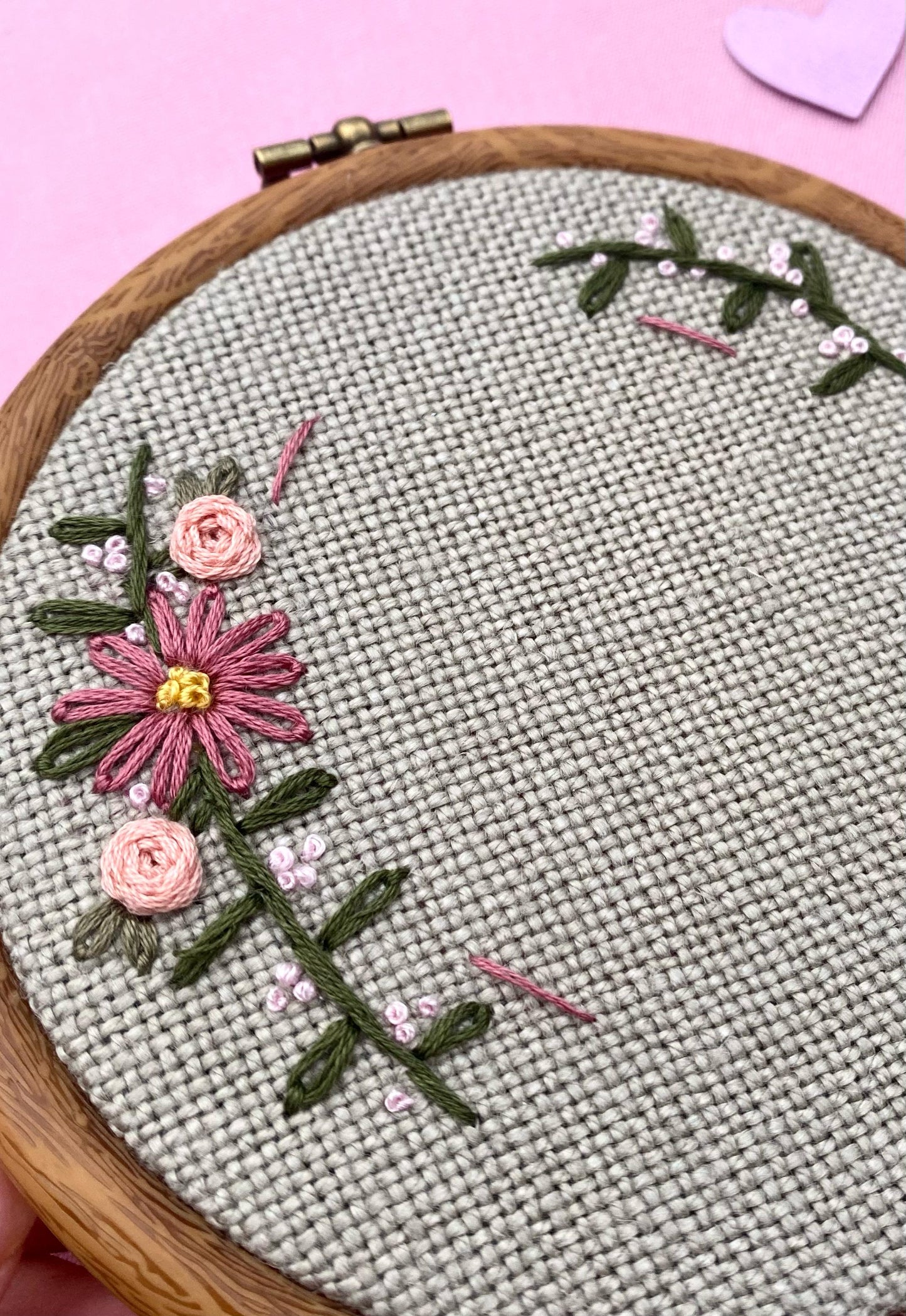 Hand Embroidered Photo Frame - Circle Shape - Pink Flowers