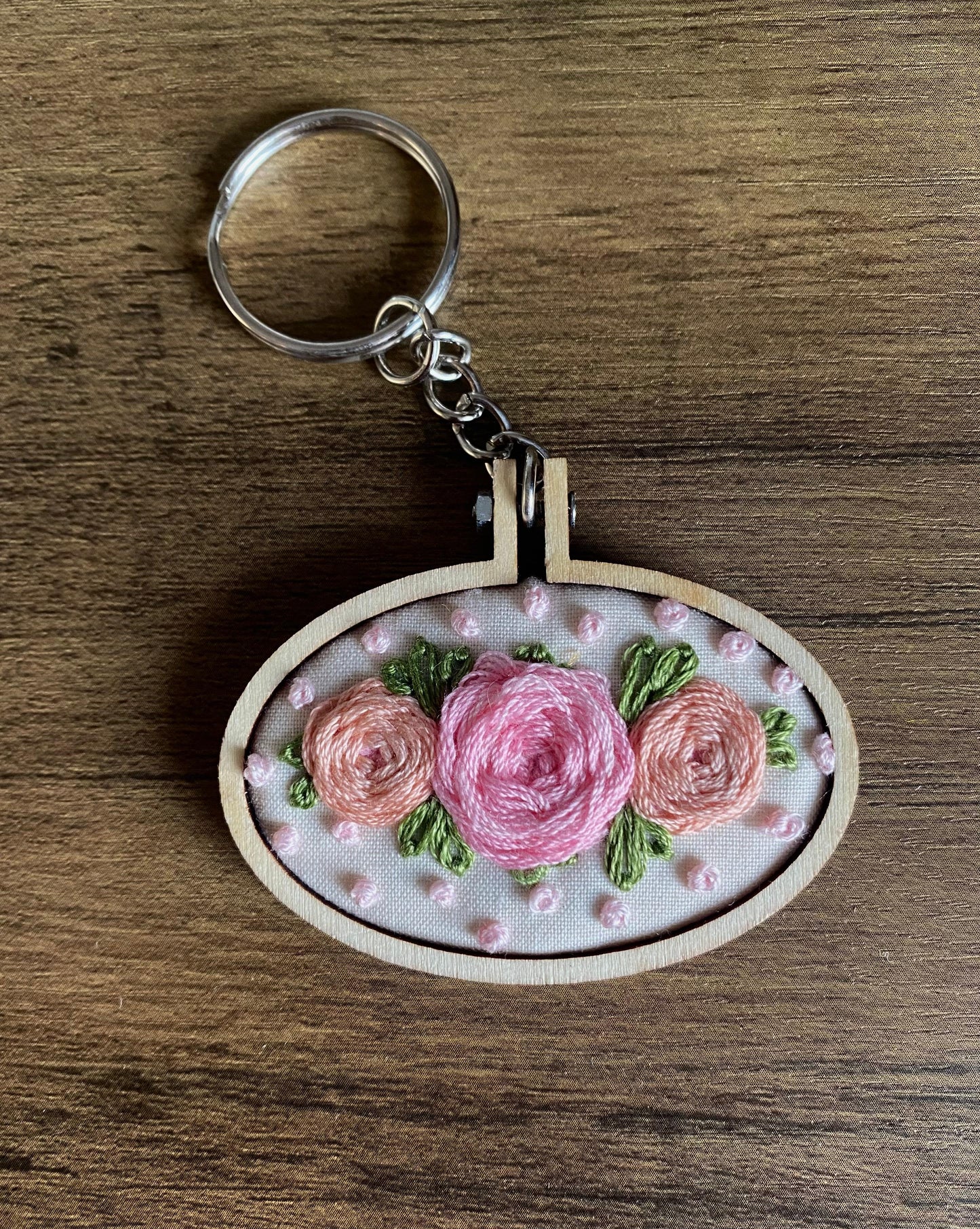 Hand Embroidered Keyring - Pink & Peach Roses